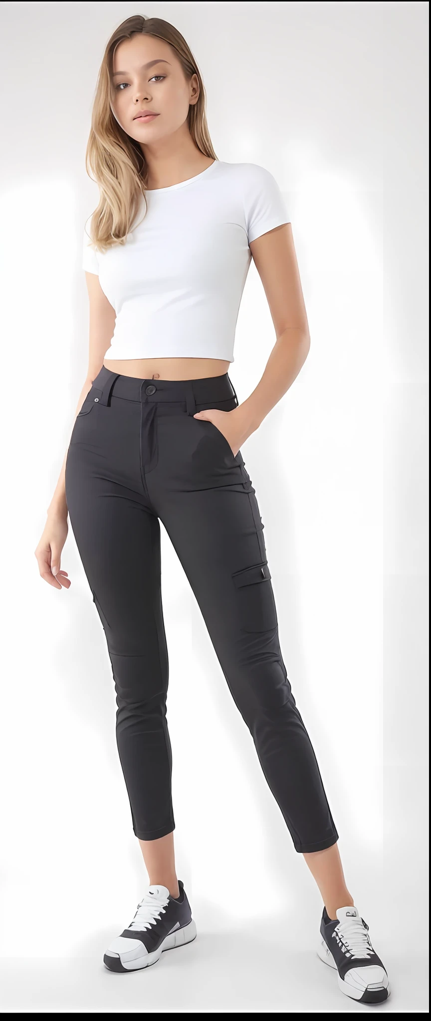 A beautiful woman in a white top and black pants posing for a photo, wearing tight cargo pants, cargo pants, extremely tight black jeans, pants clothing pants jeans black, black pants, pants clothes jeans, pants clothes jeans, jeans, Clothing, jeans and T-shirt, com dois bolsos frontais, wearing pants and a t-shirt, pants clothing pants jeans black, cintura fina, clothing jeans jeans jeans, cintura magra e quadris grossos