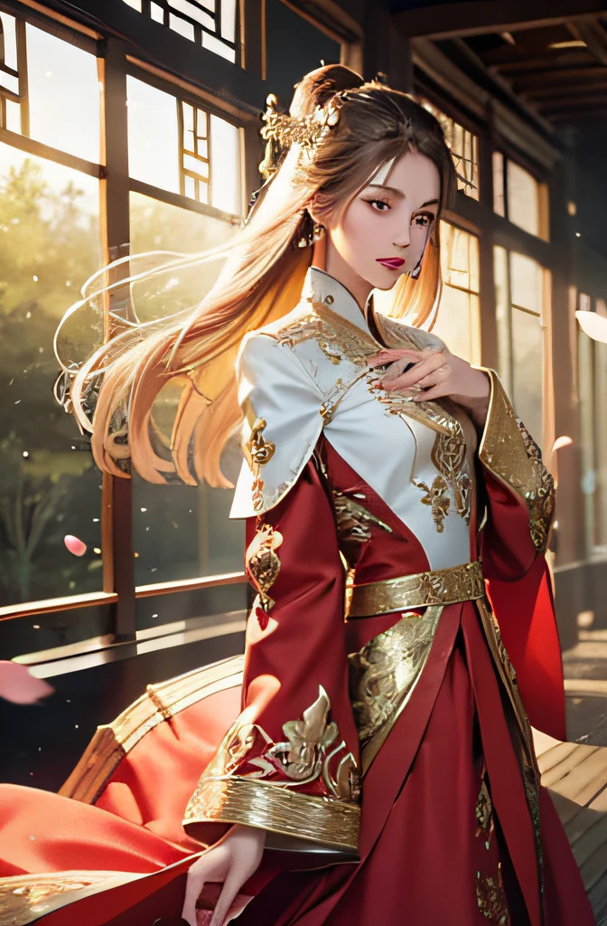 best quality, masterpiece, highres, (exquisite body:1.5),gorgeous face,(milky skin:1.3),intricate details,high resolution,wallpaper,
1girl, solo, dress, hair ornament, (((gold and red dress))), flowers, long hair, brown hair, closed mouth, jewelry, long sleeves, hand up, wide sleeves, big eyes,floating hair, chinese clothes, hanfu, embroidery, long skirt, natural pose, falling petals, indoor,fanning, lantern,
16K,HDR,highres,depth field,(film grain:1.1),boken,golden hour,(lens flare),vignette,rainbowing,(color grading:1.5)