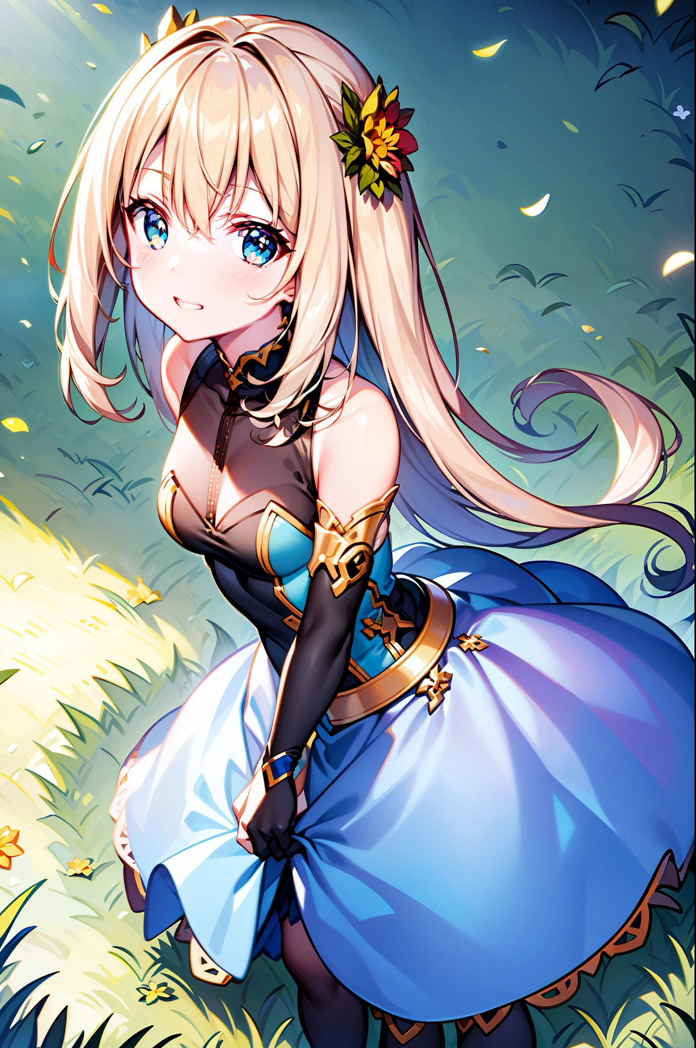 (best quality, masterpiece), 1girl, galaxy, glitter, dress, particle, wind, flower, upper body, dark simple background, looking at viewer, blonde,