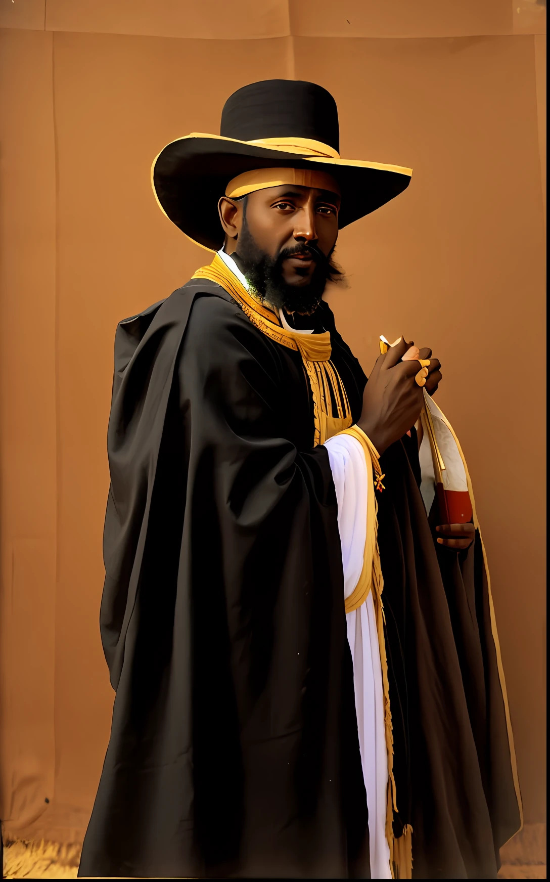 arafed man in a hat and cloak holding a pie, historic portrait, Menelik II, Minilik II, Former emperor of Ethiopia, Menelik the second, Wearing traditional Ethiopian cloth kaba, wearing long black kaba, in Amharic