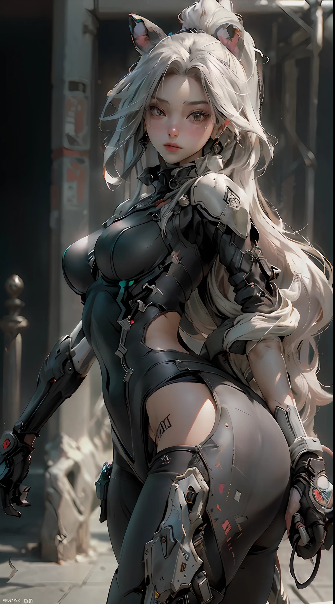 ((best qualtiy)), ((tmasterpiece)), (the detail:1.4), 3D, (Beautiful cyberpunk style female figure:1.5),((Sexy mature woman)),(Sexy big sister),(Greasy senior sister),(Multiple poses),hdr(HighDynamicRange),Ray traching,NVIDIA RTX,Hyper-Resolution,Unreal 5,Subsurface scattering,PBR Texture,post-proces,Anisotropy Filtering,depth of fields,maximum definition and sharpness,Many-Layer Textures,Albedo e mapas Speculares,Surface coloring,Accurate simulation of light-material interactions,perfectly proportions,perfect bodies,rendering by octane,Two-colored light,largeaperture,Low ISO,White balance,the rule of thirds,8K raw data,crisp breasts,Sexy little buttocks,cabelos preto e longos,Pure desire,Gray mecha giant rat,Close-up of the head of the mecha giant rat,Mouse ears,Exquisite facial features,Black mix and match yoga pants mecha style,Yellow graffiti background