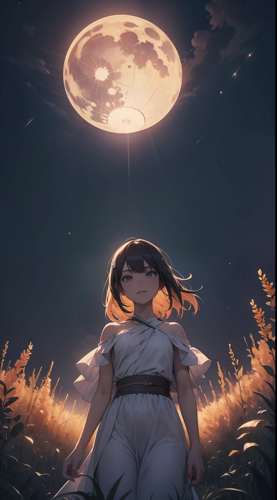 Vast landscape photo, (viewed from below, the sky is above and the open field is below), a girl standing on a flower field looking up, (full moon: 1.2), (meteor: 0.9), (nebula: 1.3), distant mountains , Trees BREAK Crafting Art, (Warm Light: 1.2), (Fireflies: 1.2), Lights, Lots of Purple and Orange, Intricate Details, Volumetric Lighting, Realism BREAK (Masterpiece: 1.2), (Best Quality), 4k, Ultra-Detailed, (Dynamic Composition: 1.4), Very Detailed, Colorful Details, (Rainbow Colors: 1.2), (Glow Lighting, Atmospheric Lighting), Dreamy, Magical, (Solo: 1.2)