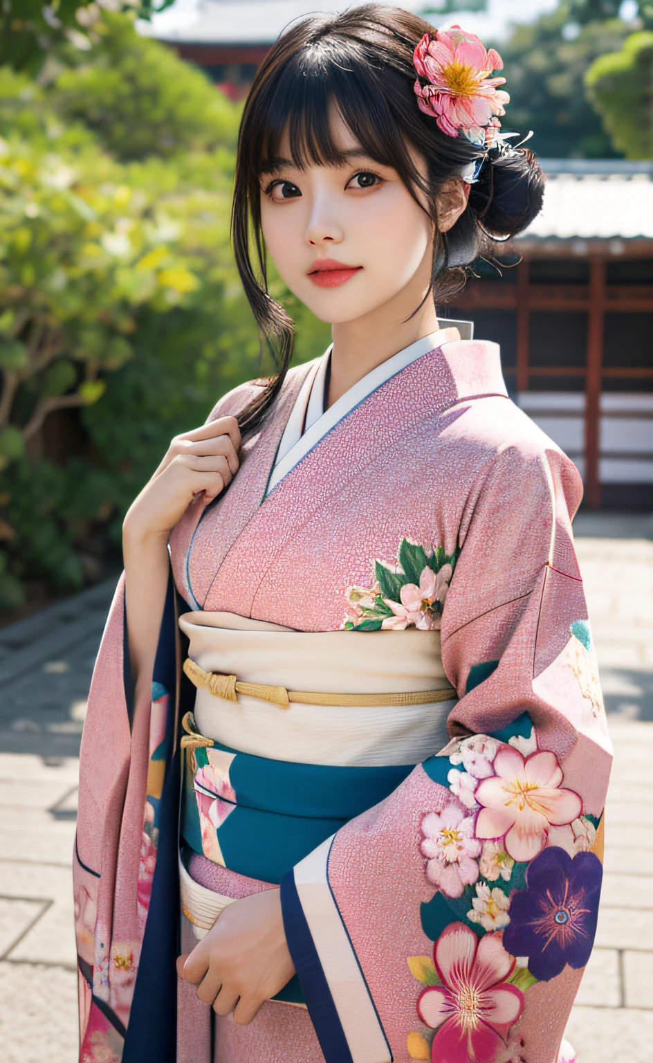 1girl, solo, outdoor, cute japanese model girl, kimono, floral print, hair ornament, looking at viewer, hair flower, brown eyes, bangs, masterpiece, best quality, realistic