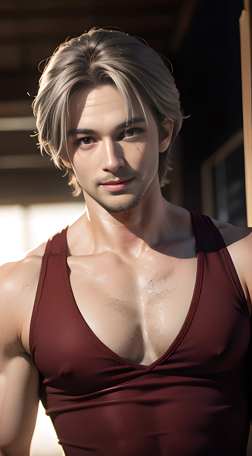((Men only)), (cowboy shot), (Handsome muscular man in his 30s wearing red tanktop),  Leon Kennedy, gray hair, Mischievous smile, (detaile: 1 in 1), Natural muscles, HIG quality, beautidful eyes, (Detailed face and eyes), (Face、: 1 / 2), Noise, Real Photographics、... ..................................................................................................PSD, Sharp Focus, High resolution 8K, realisitic & Professional Photography, 8K UHD, Soft lighting, High quality, Film grain, FujifilmXT3