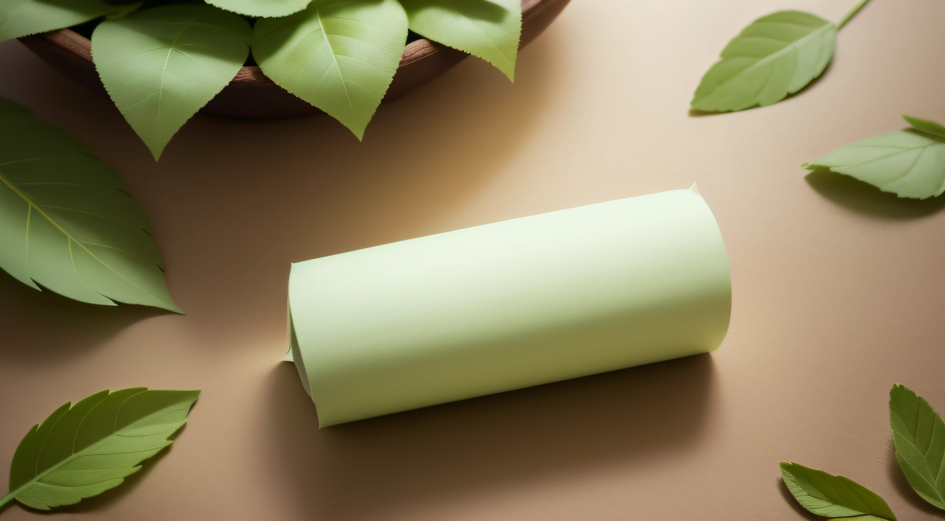 Craft paper with green leaves sprout top view. Flat lay Zero waste, eco friendly, natural organic plastic free concept. Earth, biodegradable with copy space on mint background