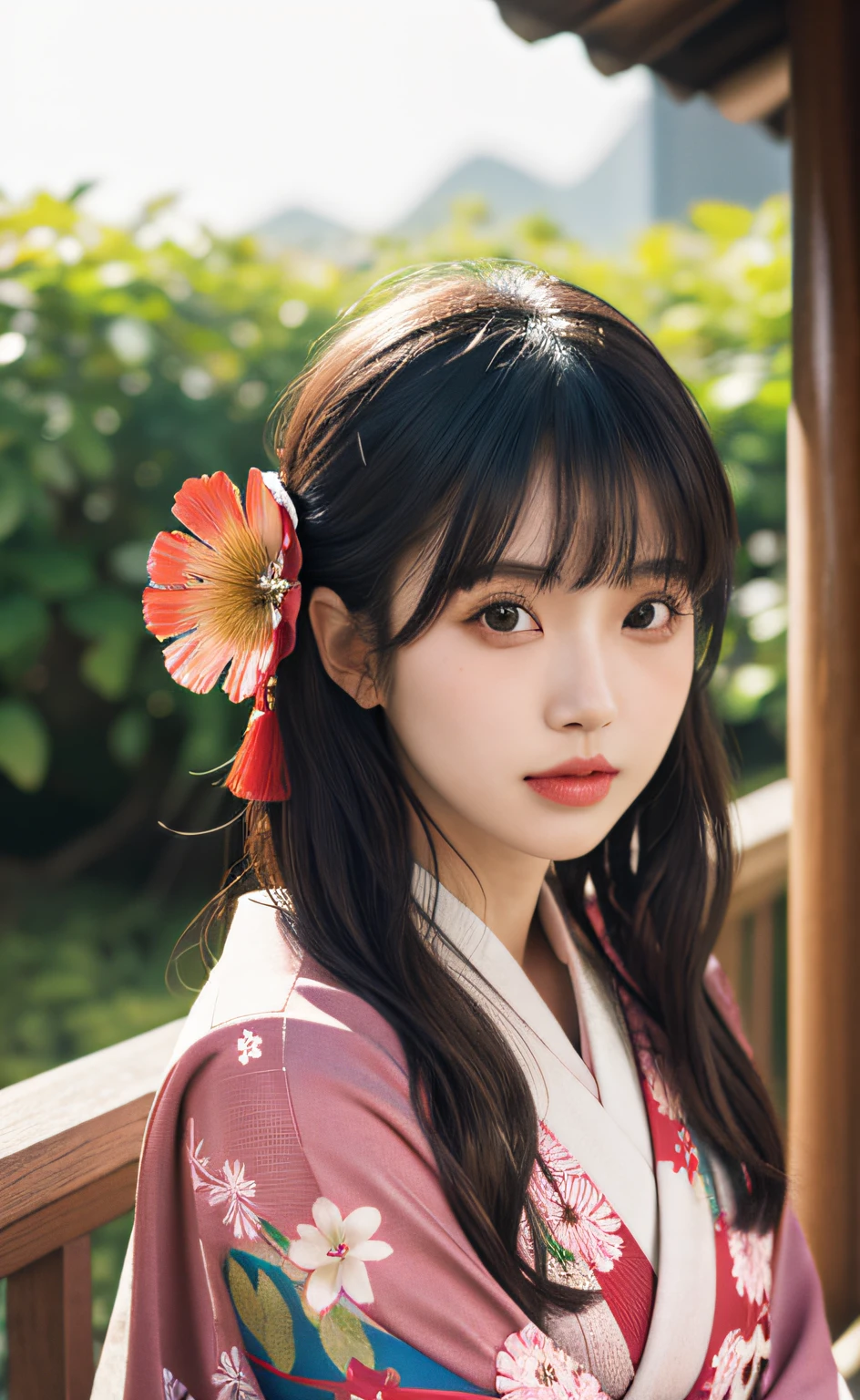 1girl, solo, outdoor, cute japanese model girl, kimono, floral print, hair ornament, looking at viewer, hair flower, brown eyes, bangs, masterpiece, best quality, realistic