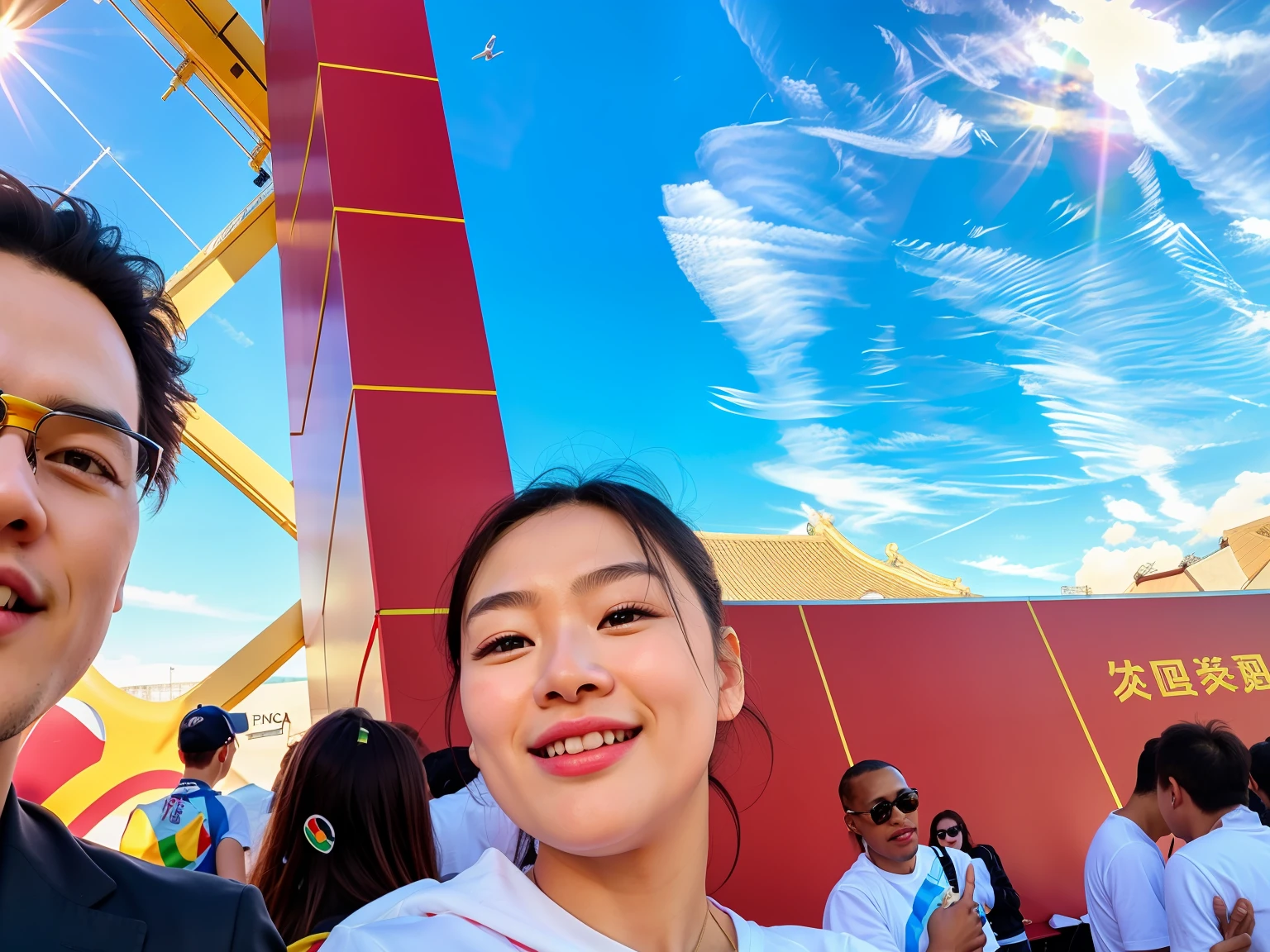 In front of the big screen stood two people, Photo ( far _ Shot ), Photo [ far ], iphone capture, with a big head, On a sunny day, inspired by Yao Tingmei, [ Realistic photo ]!!, um dia ensolarado, photo from the olympic games, beijing, big human faces everywhere, beautiful fine sky, Lu Ji