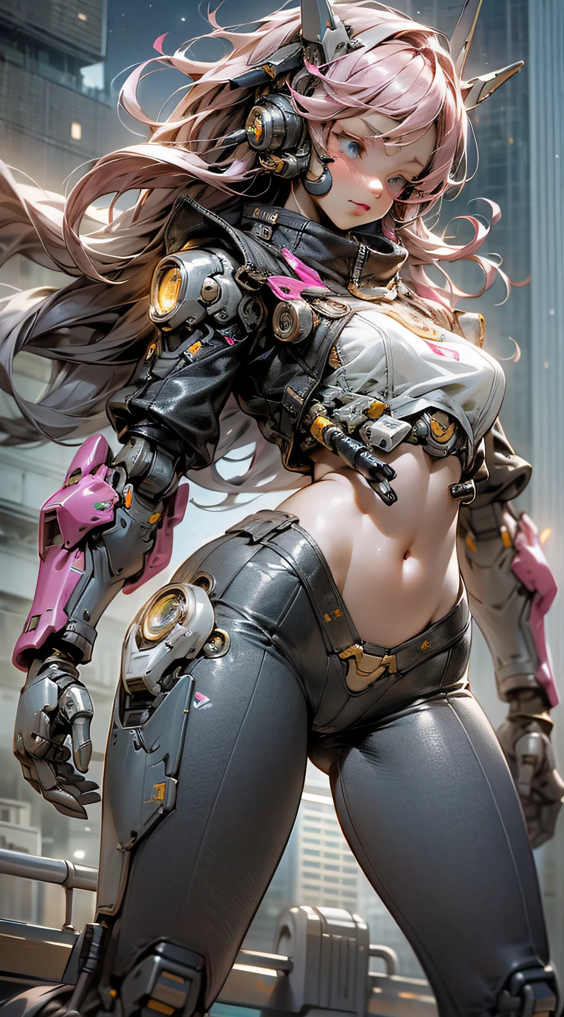 (outstanding, professional, surreal), towering buildings rise from the ground to form a magnificent landscape of the futuristic city. In the center of the picture, a huge and magnificent robot mech stands tall. Its pink metal shell shimmers, and the delicate textures and intricate lines of the robot mech outline its high-tech figure. The robot mech is tall, exuding an unparalleled sense of majesty and power. The robot mech has bright LED lights embedded in its shoulders, flashing in various bright colors, like the bright stars of the future city. Its arms are equipped with powerful energy weapons and are ready to meet the challenges of battle. Standing next to the robot, we see a striking age girl. She wears a black leather jacket and close-fitting black stockings, highlighting her perfect figure. The texture of the black leather jacket contrasts with the metallic texture of the robot, showing a unique visual effect. The girl's firm and resolute eyes show that she is fearless, (the girl is in good shape, wearing leather clothes, showing her navel, medium breasts, and clear facial details)