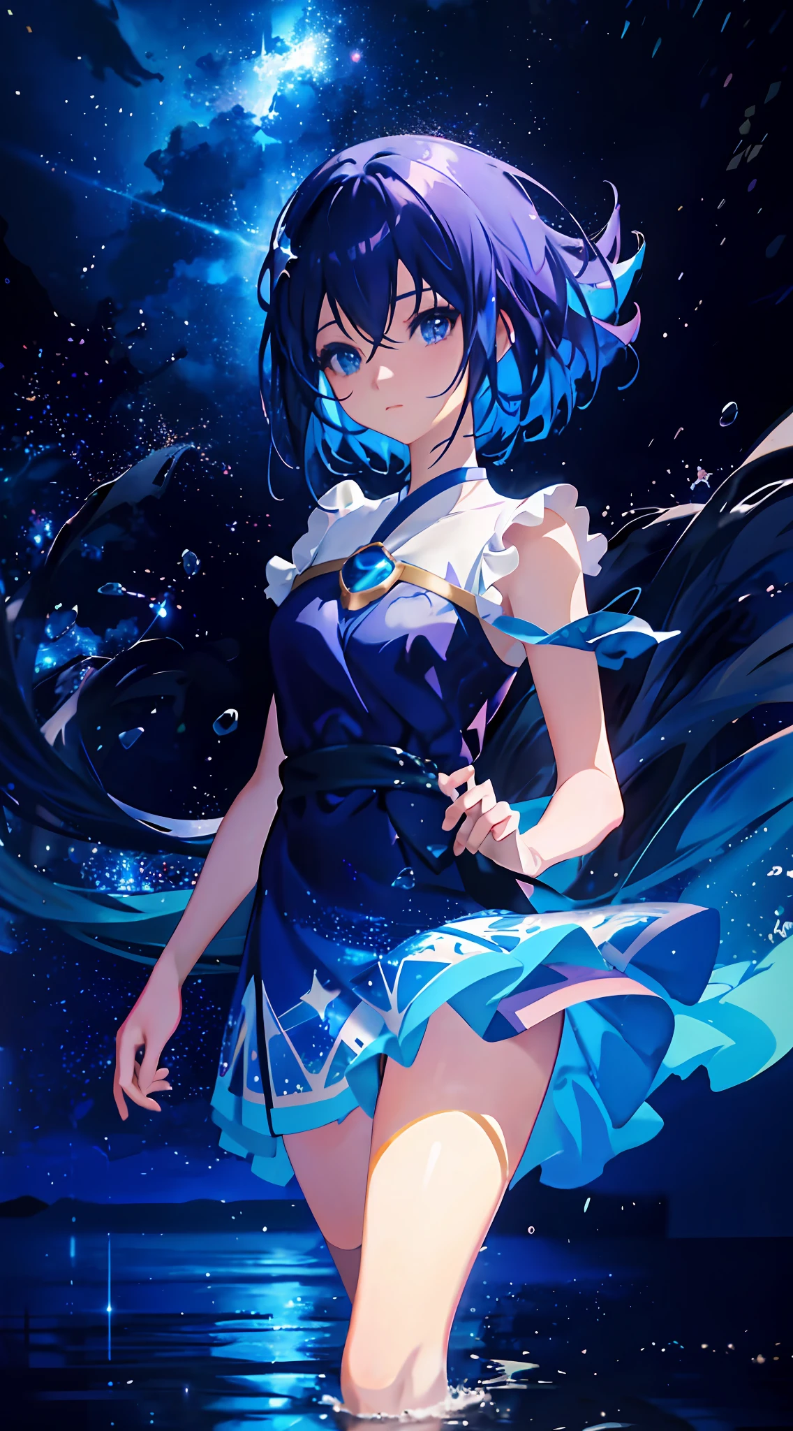 Anime girl walking in water in blue gradient dress，There is a star in the sky, anime girl with cosmic hair, Beautiful anime girl, Beautiful anime artwork, ethereal anime, style of anime4 K, Anime art wallpaper 8 K, Makoto Shinkai Cyril Rolando, Star(sky) Starry_sky, Anime art wallpaper 4k, Anime art wallpaper 4 K