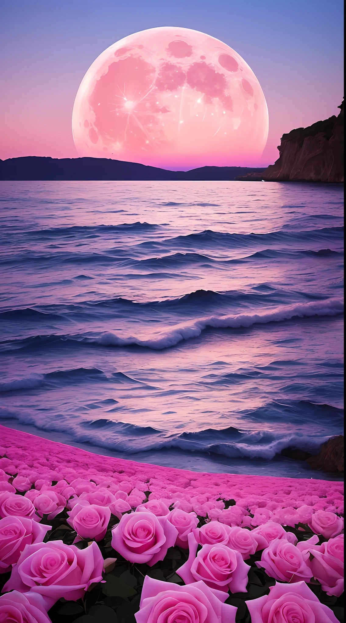 Pink moon, pink sky, soft pink clouds, pink ocean waves sparkling, sparkling, pink roses on pink ocean, fantasy, diamond, crown, universe, soft lights,