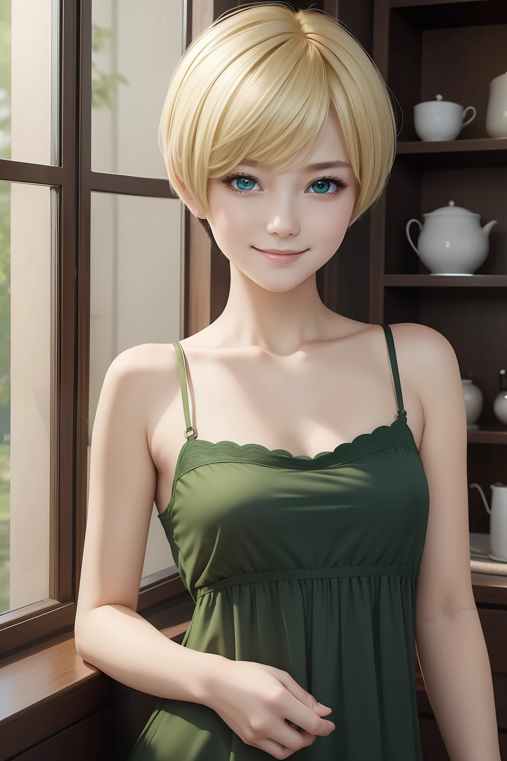 (masterpiece)8K分辨率、top-quality、Woman in a camisole dress、Blonde pixie cut、green colored eyes、Very cute、Nice Buddy、kindly smile、fantasy-inspired