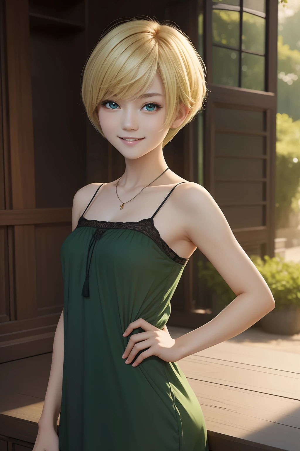 （​masterpiece）8K分辨率、top-quality、Woman in a camisole dress、Blonde pixie cut、green colored eyes、Very cute、Nice Buddy、kindly smile、fantasy-inspired