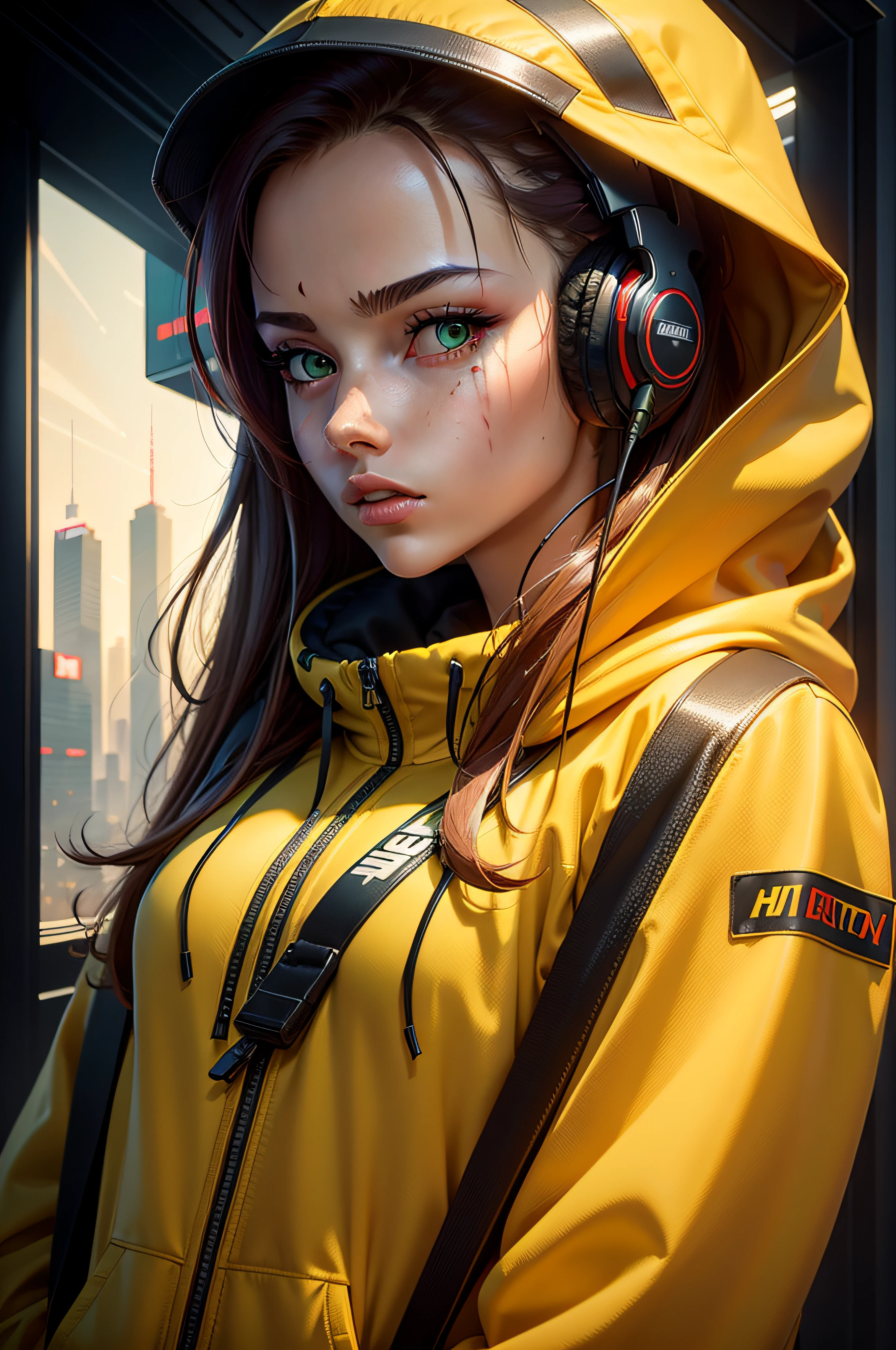 (masterpiece) Overhead Shot, attractive young woman, small scars on the face, headphones on the head, green eyes, hooded, streetwear in red and yellow, vector, centered, no logos, no watermarks, highly detailed, high definition, clean background, dark cyberpunk Sci-Fi, future, dot matrix, framed