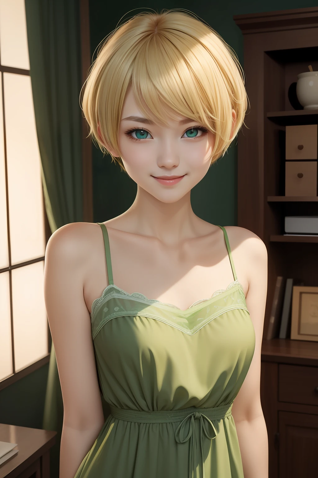 （​masterpiece）8K分辨率、top-quality、Woman in a camisole dress、Blonde pixie cut、green colored eyes、Very cute、Nice Buddy、kindly smile、fantasy-inspired