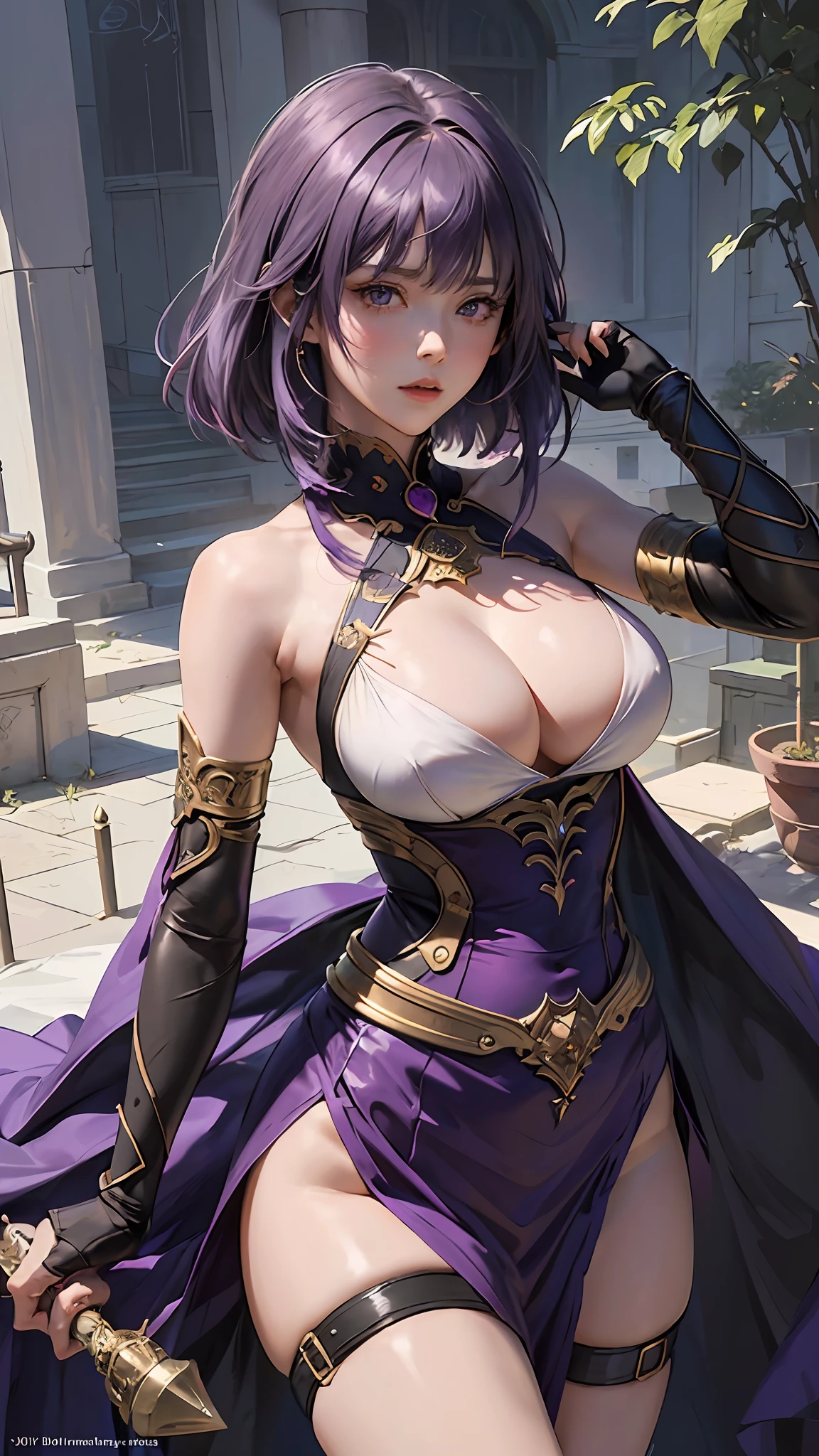 Amethyst personification、(masterpiece、top-quality、top-quality)、(((Beautiful anime style girl、)))、20yr old、oversize model、((((large full breasts)))、(((purple color hair)))、Hairstyle is short hair、Purple Eye、Extreme details、colourfull、Groism、Amethyst frame、Art concept art by Can Riffis and Vadimukasin、Ethereal、is standing、flawless、Pure form、the golden ratio、、Khan Griffith、Wadim Kashin、john william waterhouse、abstract art、 (masterpiece、top-quality、hight resolution: 1.4)、More about realism、intricate-detail、4K、color splashes、line-drawing、Fibonacci、Tarot Cards
