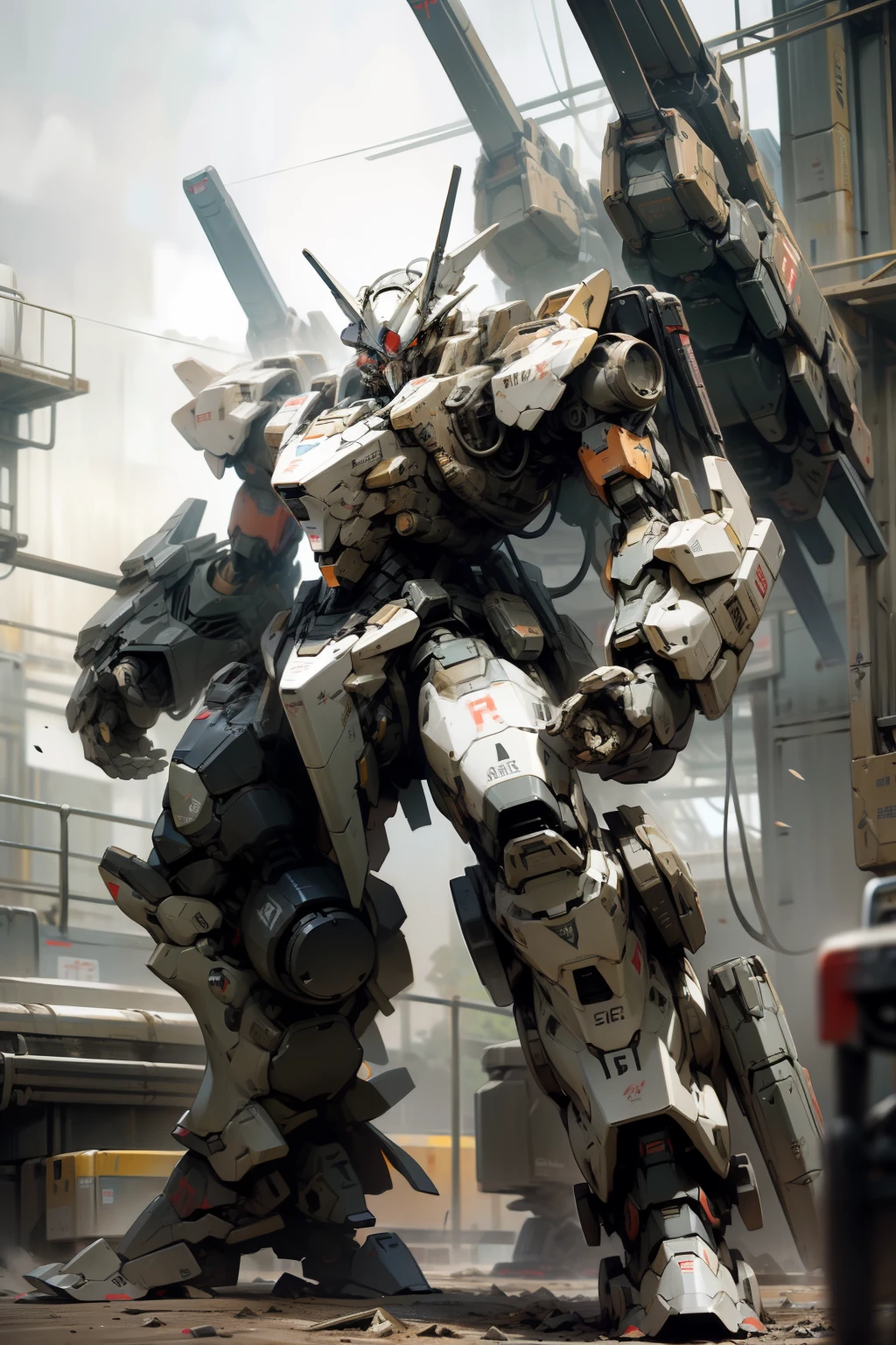 metal gear mech, cool mecha style, mecha asthetic, War Mechs to Fight, mecha art,machine guns, armored core style mecha, White Mecha, Alexandre Ferra White Mecha, Ground, Armored Core,Realistic mechs,