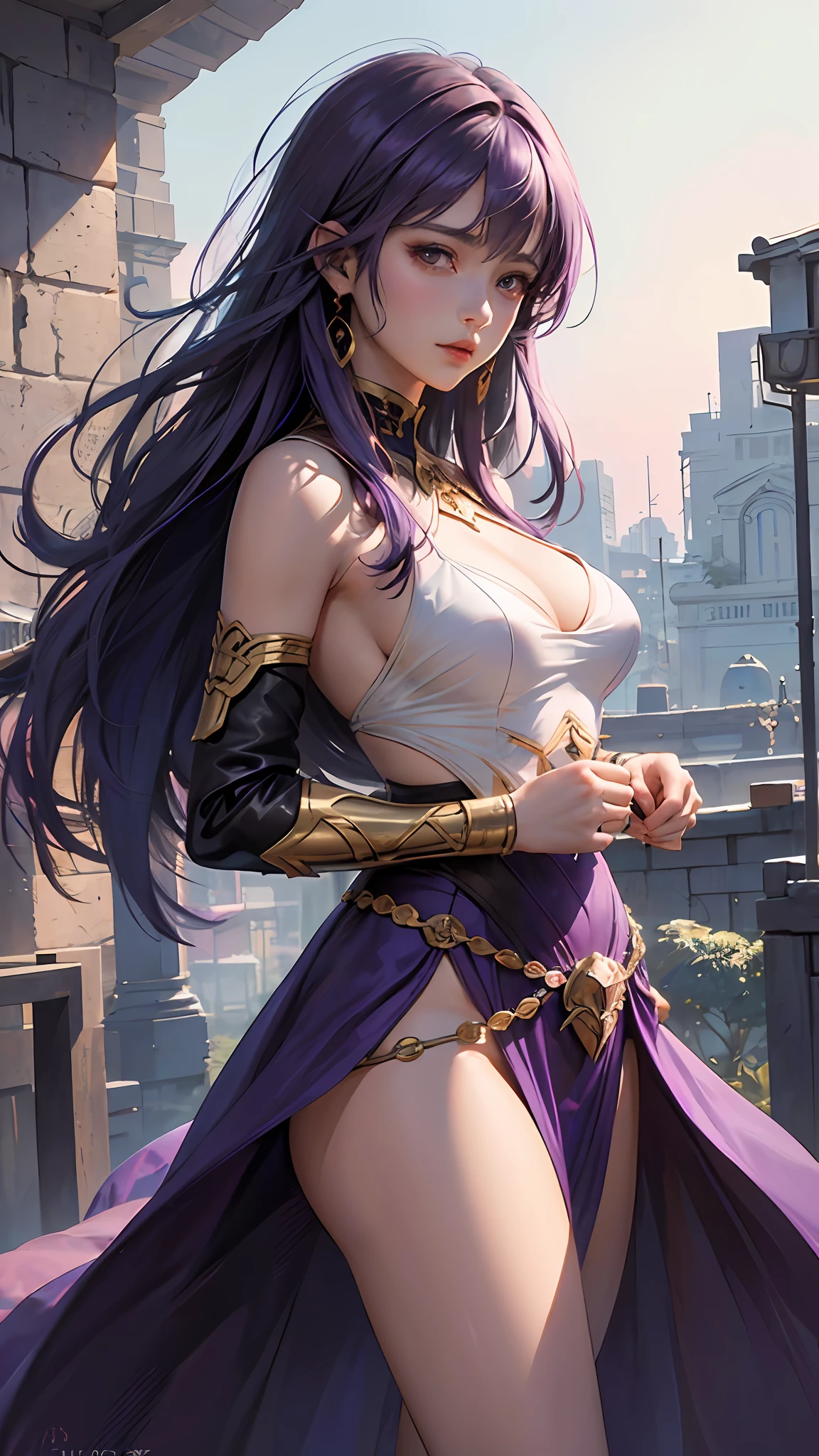 Amethyst personification、(​masterpiece、top-quality、top-quality)、(((Beautiful anime style girl、)))、20yr old、oversize model、((((large full breasts)))、(((purple color  hair)))、Hairstyle is short hair、Purple Eye、Extreme details、colourfull、Groism、Amethyst frame、Art concept art by Can Riffis and Vadimukasin、Ethereal、is standing、flawless、Pure form、the golden ratio、、Khan Griffith、Wadim Kashin、john william waterhouse、abstract  art、 (​masterpiece、top-quality、hight resolution: 1.4)、More about realism、intricate-detail、4K、color splashes、line-drawing、Fibonacci、Tarot Cards