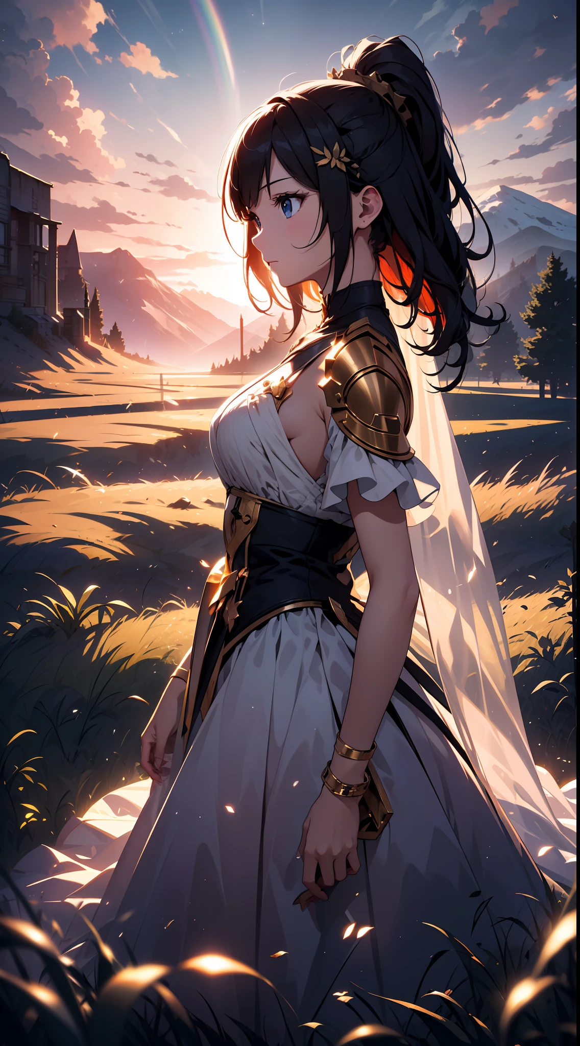 Vast landscape photo, (viewed from below, the sky is above and the open field is below), a girl standing on a flower field looking up, (full moon: 1.2), (meteor: 0.9), (nebula: 1.3), distant mountains , Trees BREAK Crafting Art, (Warm Light: 1.2), (Fireflies: 1.2), Lights, Lots of Purple and Orange, Intricate Details, Volumetric Lighting, Realism BREAK (Masterpiece: 1.2), (Best Quality), 4k, Ultra-Detailed, (Dynamic Composition: 1.4), Very Detailed, Colorful Details, (Rainbow Colors: 1.2), (Glow Lighting, Atmospheric Lighting), Dreamy, Magical, (Solo: 1.2)
