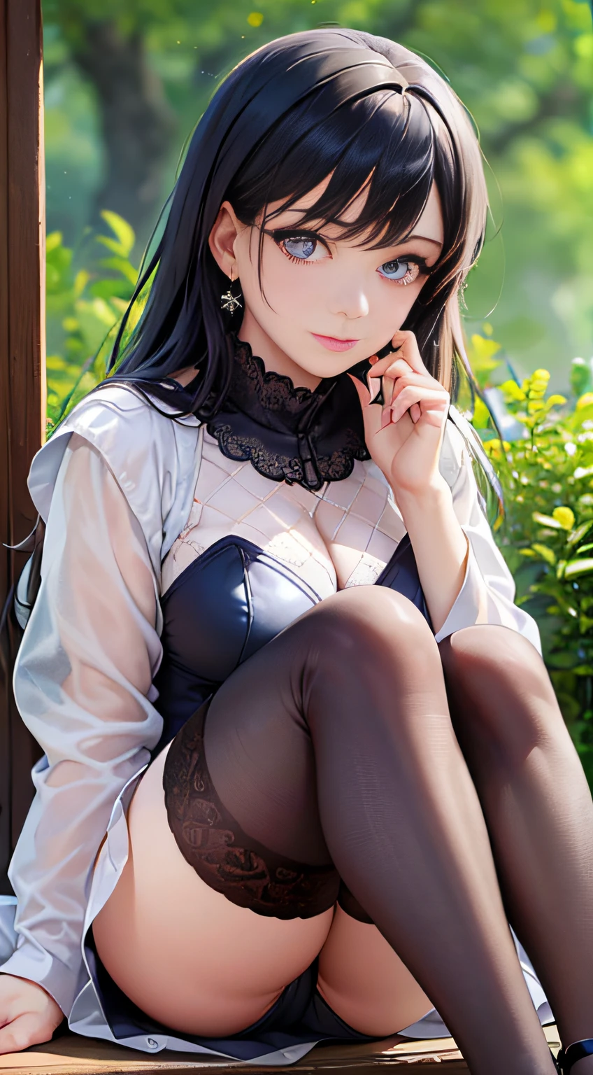 masterpiece,best quality,(detailed face, perfect face, perfect eyes, realistic eyes, perfect fingers),(clear face),fantasy girl,long hair,jewelry,earrings,looking at viewer,intricate,high detail,sharp focus,dramatic,beautiful girl,knees up,outdoors,mature female,(sitting:1.2),
leotard, frills, white thighhighs,