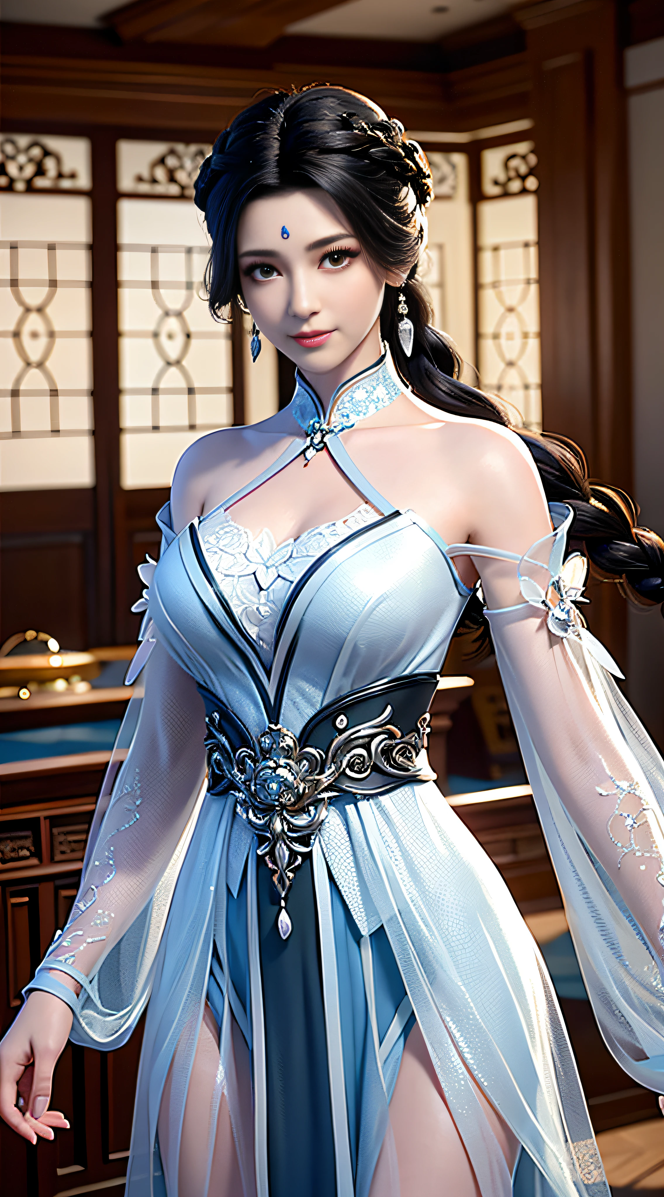 Best Quality, Masterpiece: 1.4), Ultra High Resolution, Realistic, Front Lighting, Intricate Details, Delicate Details and Textures, 1girl, Solo, (Young), Facial Highlight, Upper Body, Detail Face, Tear Mole, White Skin, Silver Hair, Ponytail, Braid, Look at the Audience, Big Eyes, Black Cheongsam, (Openwork Pattern, Black, Silk), Earrings, , Slim Figure, Deluxe Room, Professional Lighting, Photon Mapping, Light Energy Transfer, Physically Based Rendering,