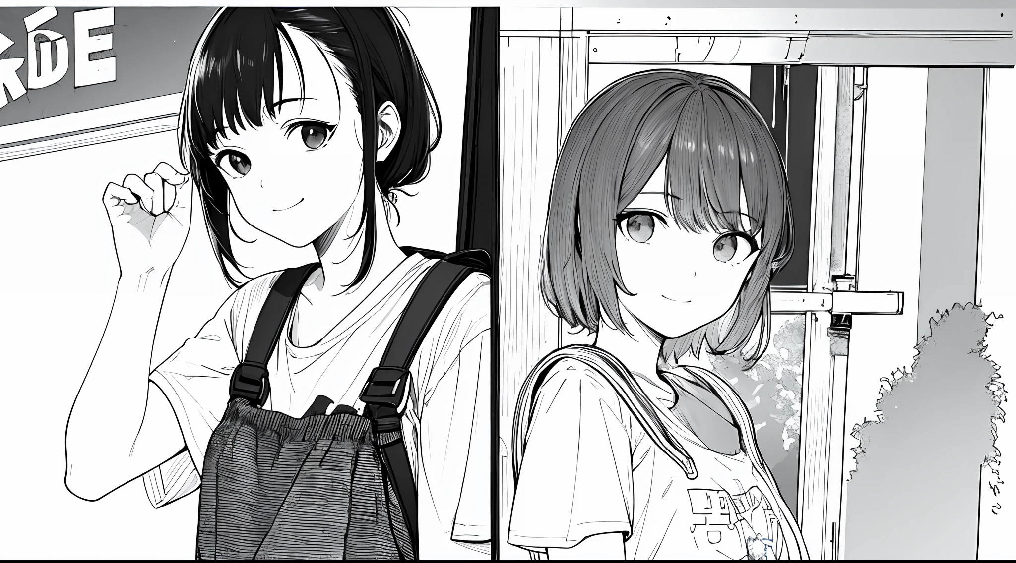 ​masterpiece, top-quality, 1girl in, tshirts, A slight smil, backpack, A dark-haired, Black eyes, head phone, a street, monochromes, line-drawing、