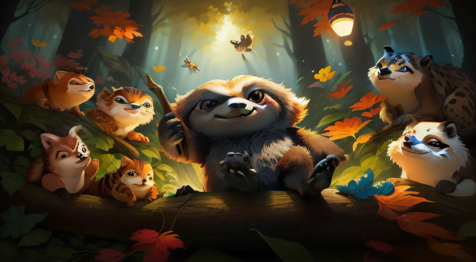 Araffes in a forest with lots of other animals, Adorable pintura digital, Anthropomorphic sloth, Lindo arte digital, Lindo arte digital detallado, o, animated movie still, movie artwork, lindas ilustraciones, animated movie, Ilustraciones de fondo, DreamWorks Animation, Fondo de pantalla de alta calidad, Arte Oficial, "Retrato de un animal de dibujos animados, Ilustraciones oficiales, animated movie scene