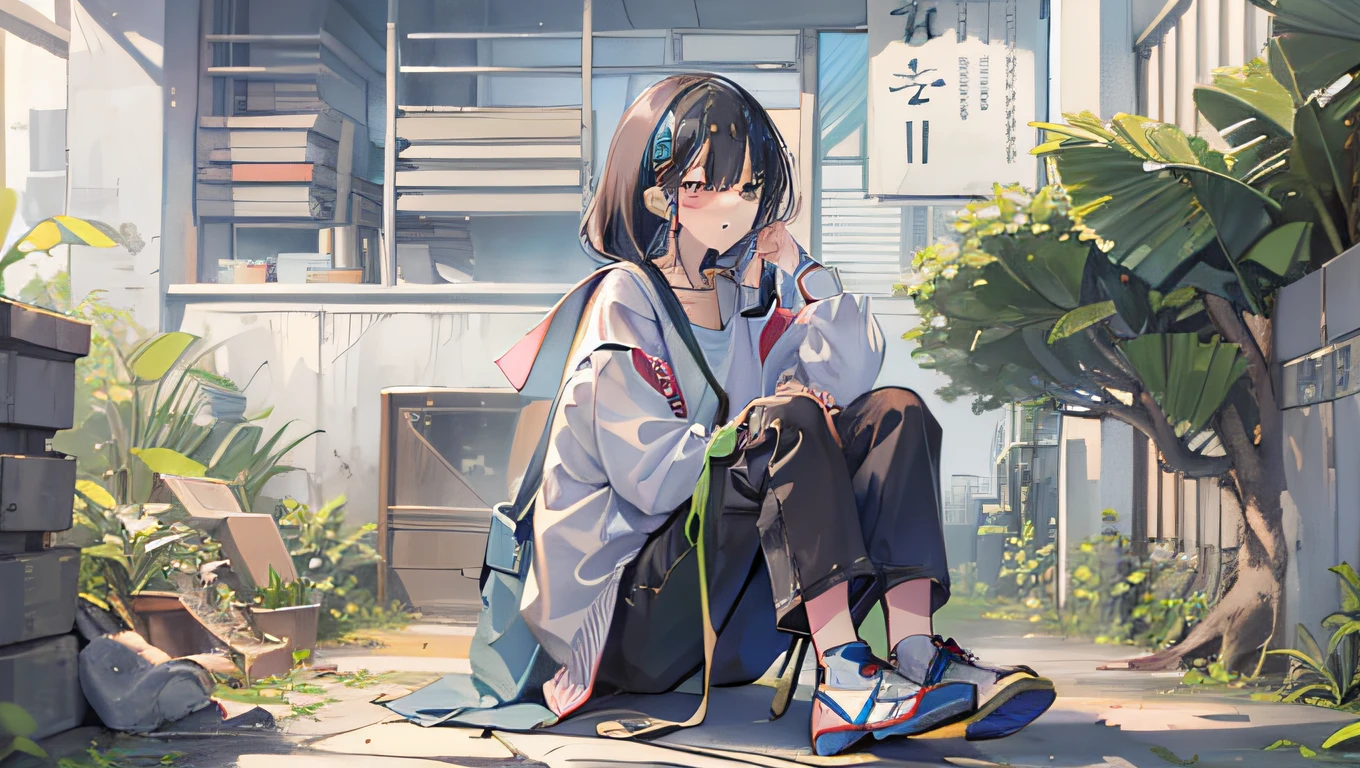 The woman sits in a chair，Wear a black top and jeans, baggy pants, dressed with long fluent clothes, wearing a long flowy fabric, casual clothing style、 wearing a baggy, multilayered outfit, Silver and pastel colors, effortlessstyle, gray clothes, Pants, baggy, Gray skin. junk, styling、废墟、Buildings eroded by vegetation,Big high school girl、army suit