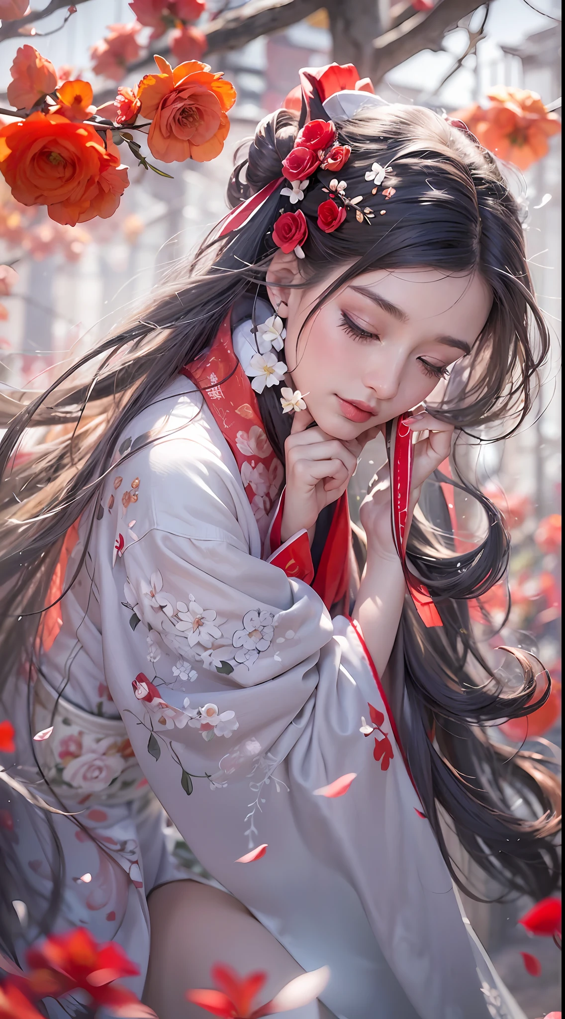 Super high quality, masterpiece, perfect illustration, extreme detail (exquisite light and shadow, highly dramatic picture,) Stroke, 1 girl, solo, (wearing red, black and white Hanfu,) flower field, flowers, (white smoke:1.3) (Realistic:1.4), Zen entanglement, tangled, official art, Unity 8k wallpaper, super detailed, beautiful and beautiful, masterpiece, best quality, (dynamic angle: 1.4), glowing skin, (floating colorful flashes: 1) the most beautiful chaotic forms, elegant, brutalist design, Bright colors, romantic depth of field exotic_dance, half_naked