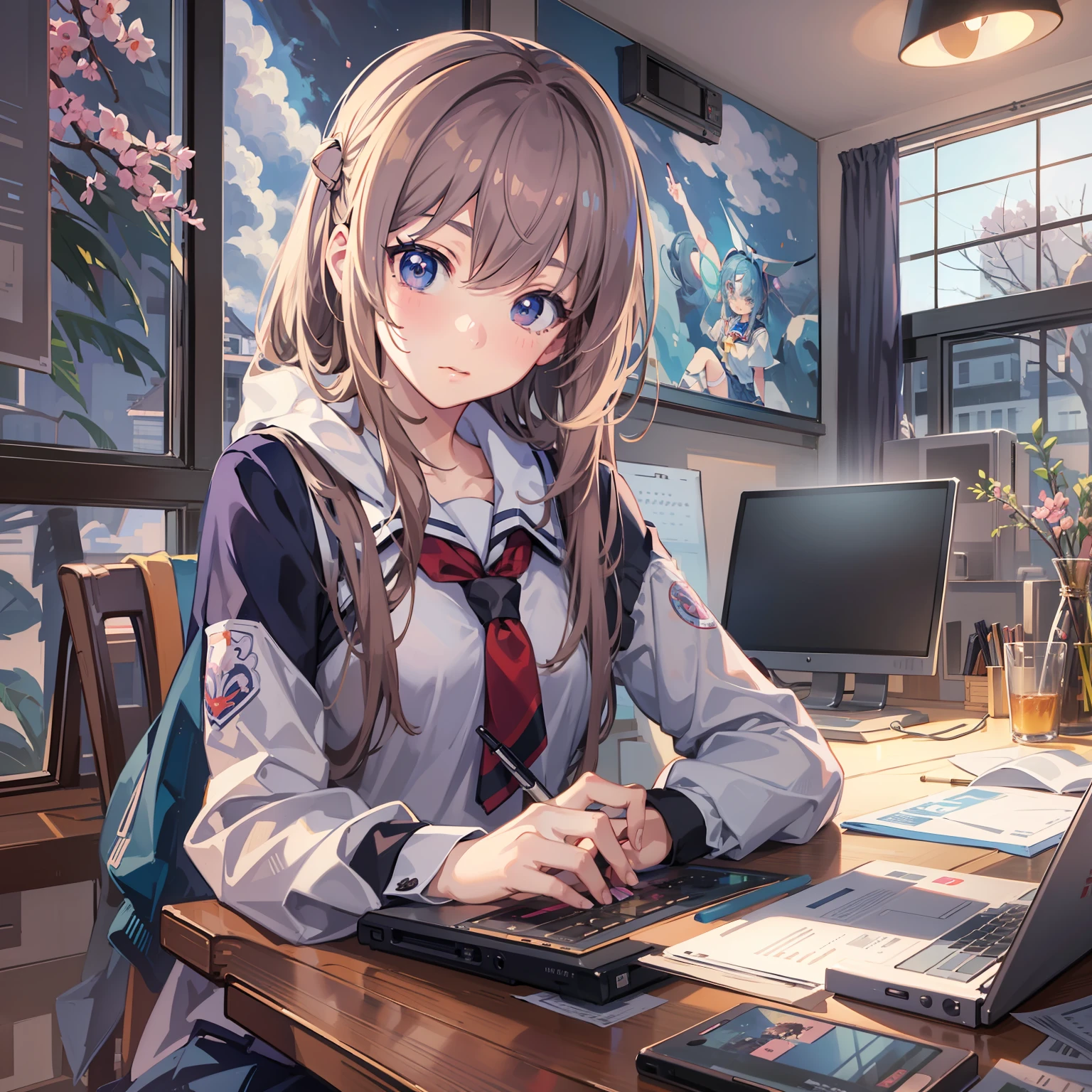 (masterpiece), (best quality), (ultra-detailed), anime girl sitting at a desk with a laptop and a pen, beautiful anime high school girl, attractive anime girl, anime style 4 k, seductive anime girl, a hyperrealistic schoolgirl, realistic schoolgirl, cyber school girl, hyperrealistic schoolgirl, anime girl desktop background, 4k anime wallpaper, kantai collection style, young anime girl, beautiful anime girl . (photorealistic)), ((fantastic background)), Ultra-realistic, ultra-detailed, Ultra HD plus 16k resolution