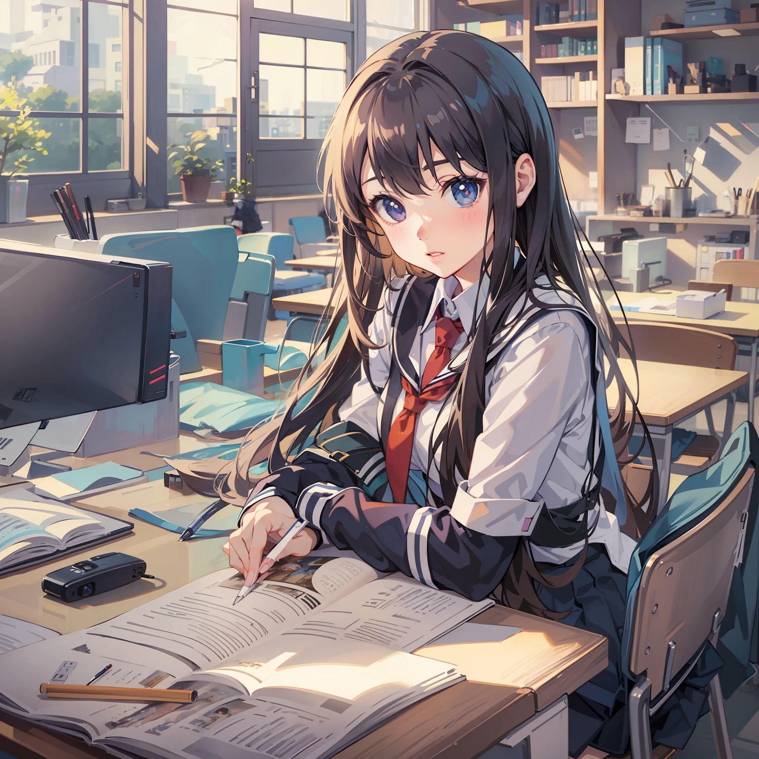 （masterpiece), (best quality), (ultra-detailed),  anime girl sitting at a desk with a laptop and a pen, beautiful anime high school girl, attractive anime girl, anime style 4 k,  anime girl, a hyperrealistic schoolgirl, realistic schoolgirl, cyber school girl, hyperrealistic schoolgirl, anime girl desktop background, 4k anime wallpaper, kantai collection style, young anime girl, beautiful anime girl . (photorealistic)), ((fantastic background)), Ultra-realistic, ultra-detailed, Ultra HD plus 16k resolution