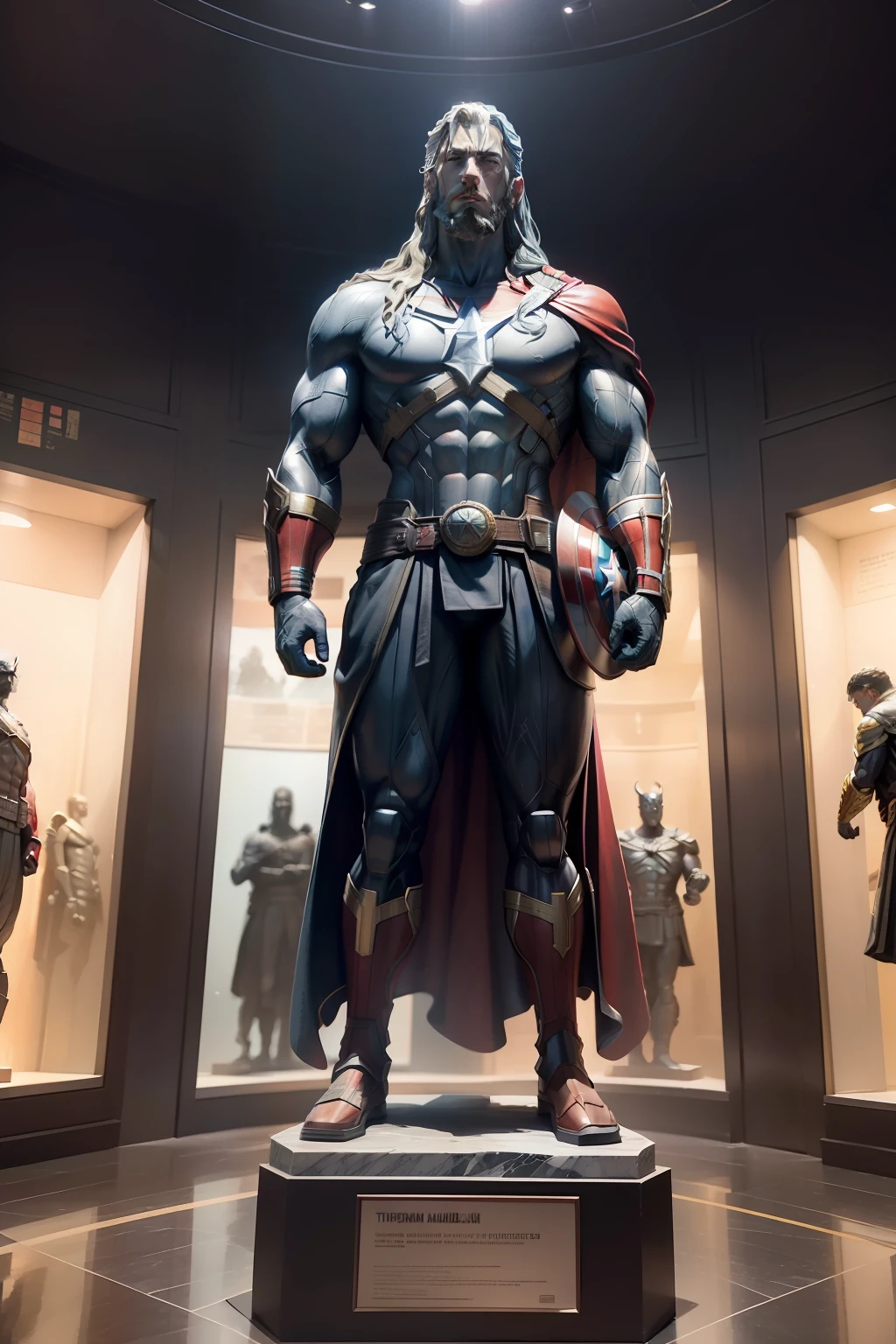 panorama of marvel museum, ( backgrund: crowded turists from japan oil panting of Thor and doctor strange )  ( marble statue) ( statue of captain america ), photorealistic, wide frame
