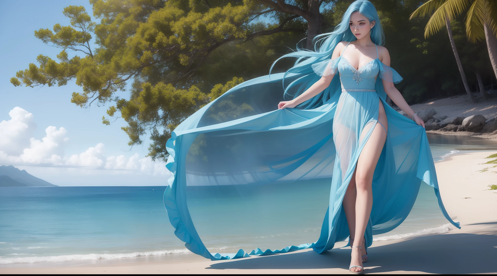 highest quality, masterpiece, detailed everything, solo, high_res, full body of a beautiful girl walking towards the viewer, light blue hair, standard body, center, hair makeup, pretty face, light makeup , Tyndall effect, realistic photo, dark studio, daylight, clear, inshore sea, hawaiian coast, clear blue sea, wet shadow body, (high detail skin: 1.2), 8k uhd, dslr, studio light, high quality, photo, high resolution, 8k, bokeh.