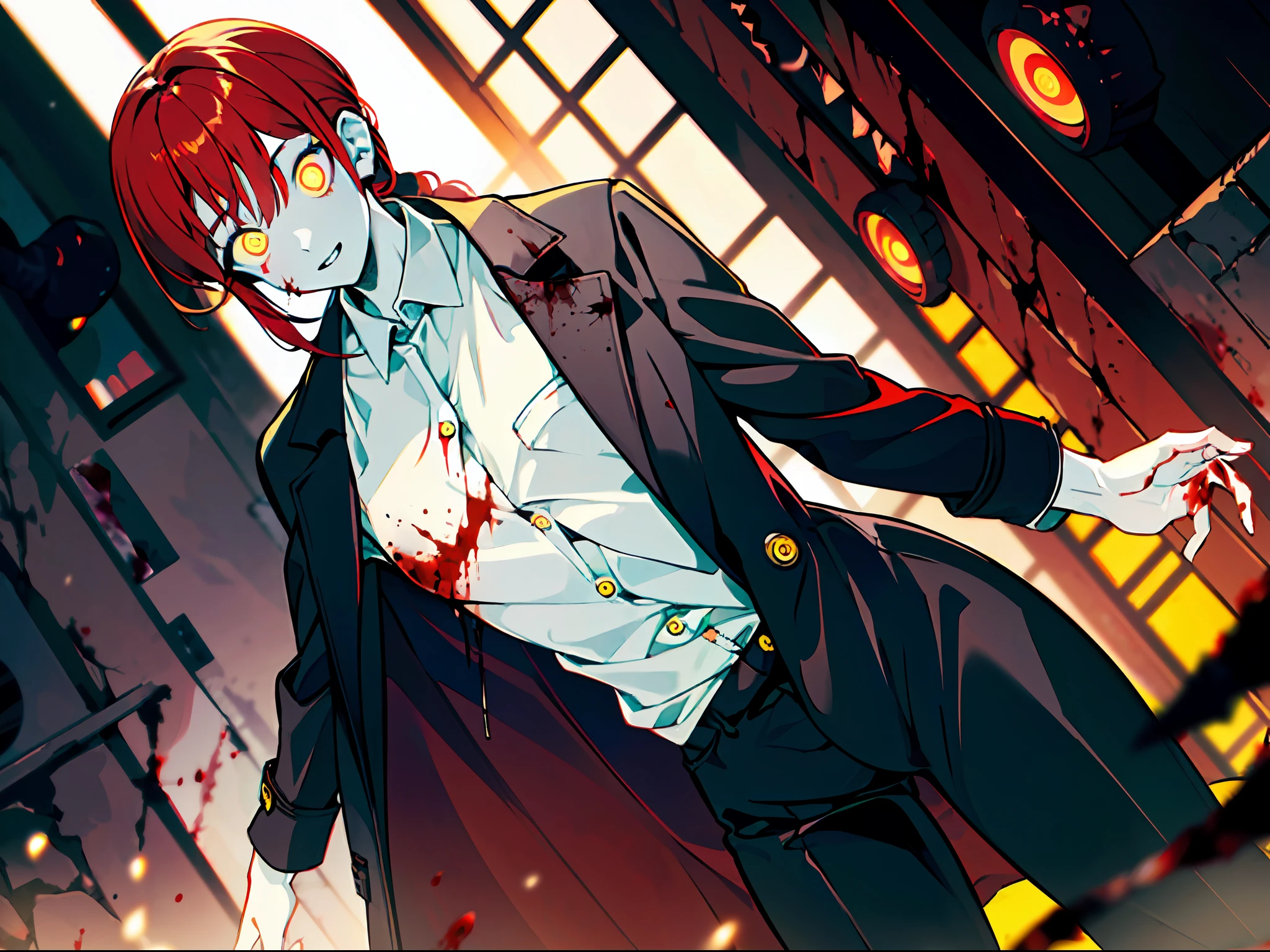 ((masterpiece)), slim, ((pale skin)), (bokeh effect), (dynamic angle), (blurry background:1.3), (female:1.3), red hair, (glowing_eyes:1.4), yellow_eyes, (spiral pupils:1.3), (horror:1.4), (blood:1.2), (dark:1.4), ((solo)), ponytail, (open coat:1.2), (long pants:1.1)