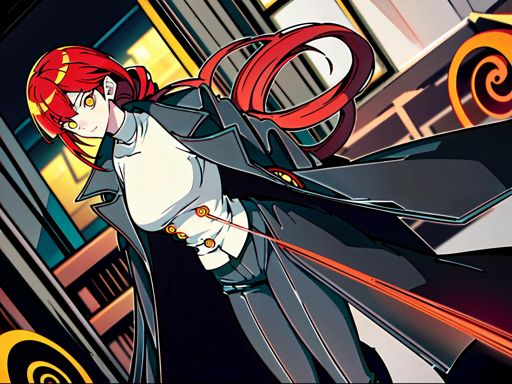 ((masterpiece)), slim, ((pale skin)), (bokeh effect), (dynamic angle), (blurry background:1.3), (female:1.3), red hair, (glowing_eyes:1.4), yellow_eyes, (spiral pupils:1.3), (horror:1.4), (blood:1.2), (dark:1.4), ((solo)), ponytail, (open coat:1.2), (long pants:1.1)