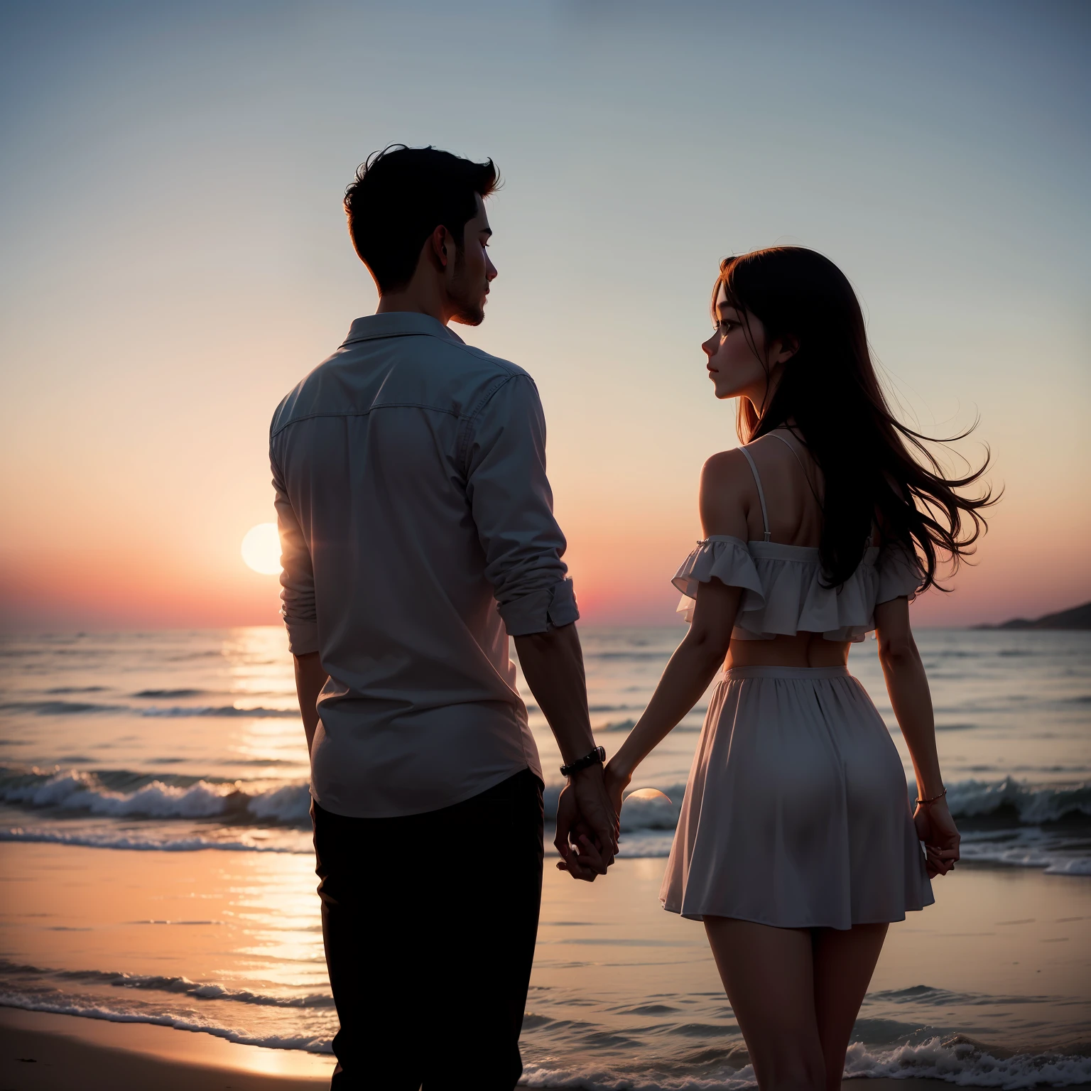 A couple holding hands watching the sunset or admiring the moon, representing the emotional connection and contemplation of the special moments shared
