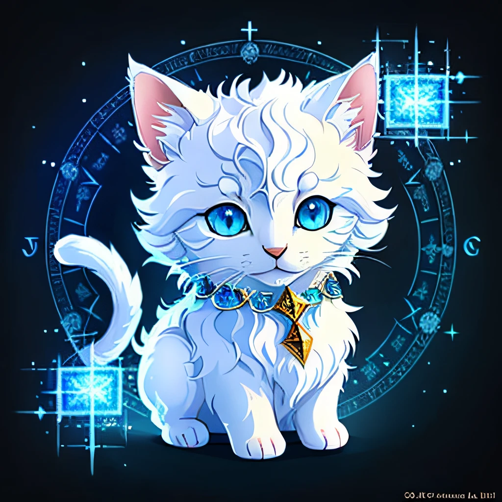 Masterpiece,  Best quality, Highly detailed, 1 mythical kitten , White , Blue eyes, Fantasy style，quadratic element