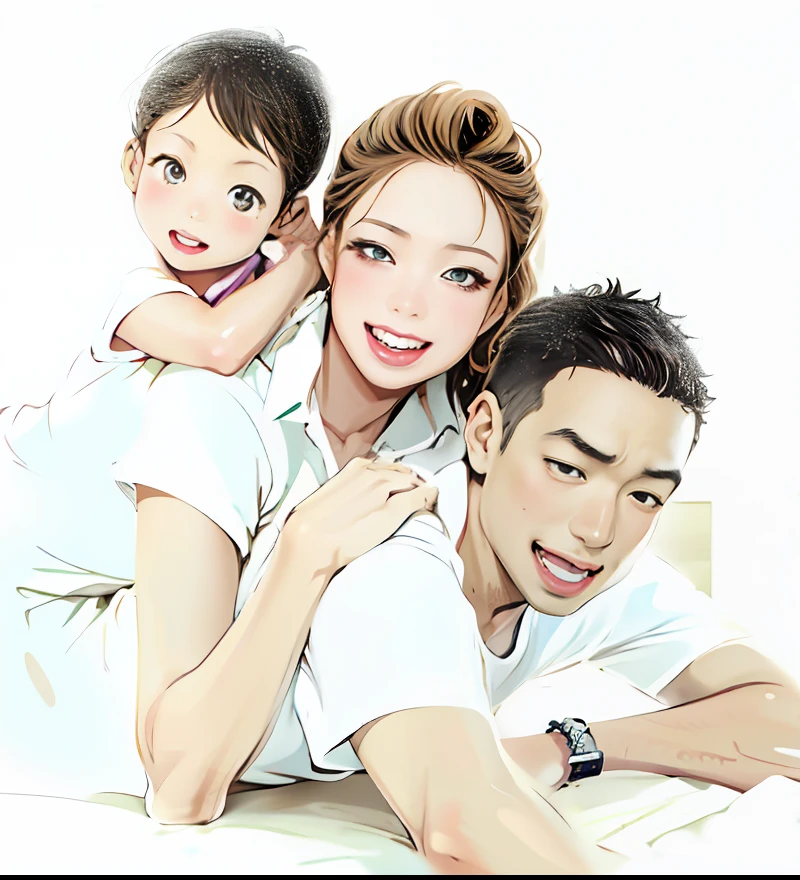 Two-dimensional style,style of anime,big breasts beautiful,A detailed,high qulity,8K,The family poses for a photo wearing white shirts and jeans, Happy family, husband wife and son,