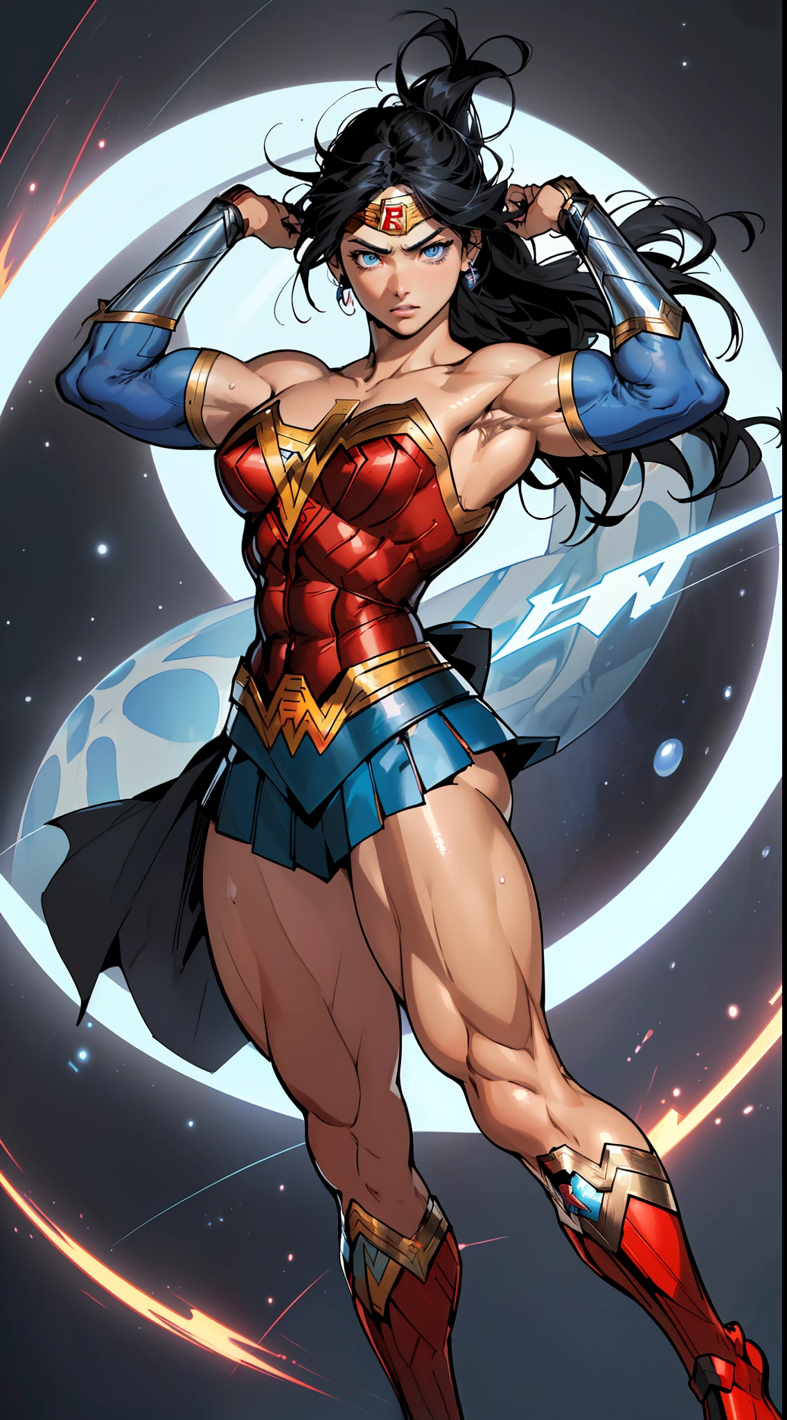 (anime) . (((Female))) ((woman (Wonderwoman))), (((blue eyes + black hair))), in the space,  portrait, full body . (Masterpiece: 1.8), (64k quality), (final fantasy artwork concept), detailed (manga eyes + hair + clothes + body + face + colors + shoulders + eyes (globular + transparent + liquid) + (sharper drawings) + (shiny jewelry) + (clothes folds) + (rounded eyes) + (consistent clothes) + (clothing features) + (eyes line), better (colorful + (coarser line) + (black line) + finishing . [Drawing] (Anime (Manga (Comics))) + (Coarse Line: 1.8) + (Black Line: 1.8) + (Color: 1.8) + (Clean: 1.8) + (Contrast: 1.8) + (Black Outline: 1.8) + (adjusted colors: 1.8) + (shadow set: 1.8) + (manga eyes: 1.8) + ((muscle: 1.8)) + ((bodybuilder: 1.8)), ((made homogeneous: 1.3))