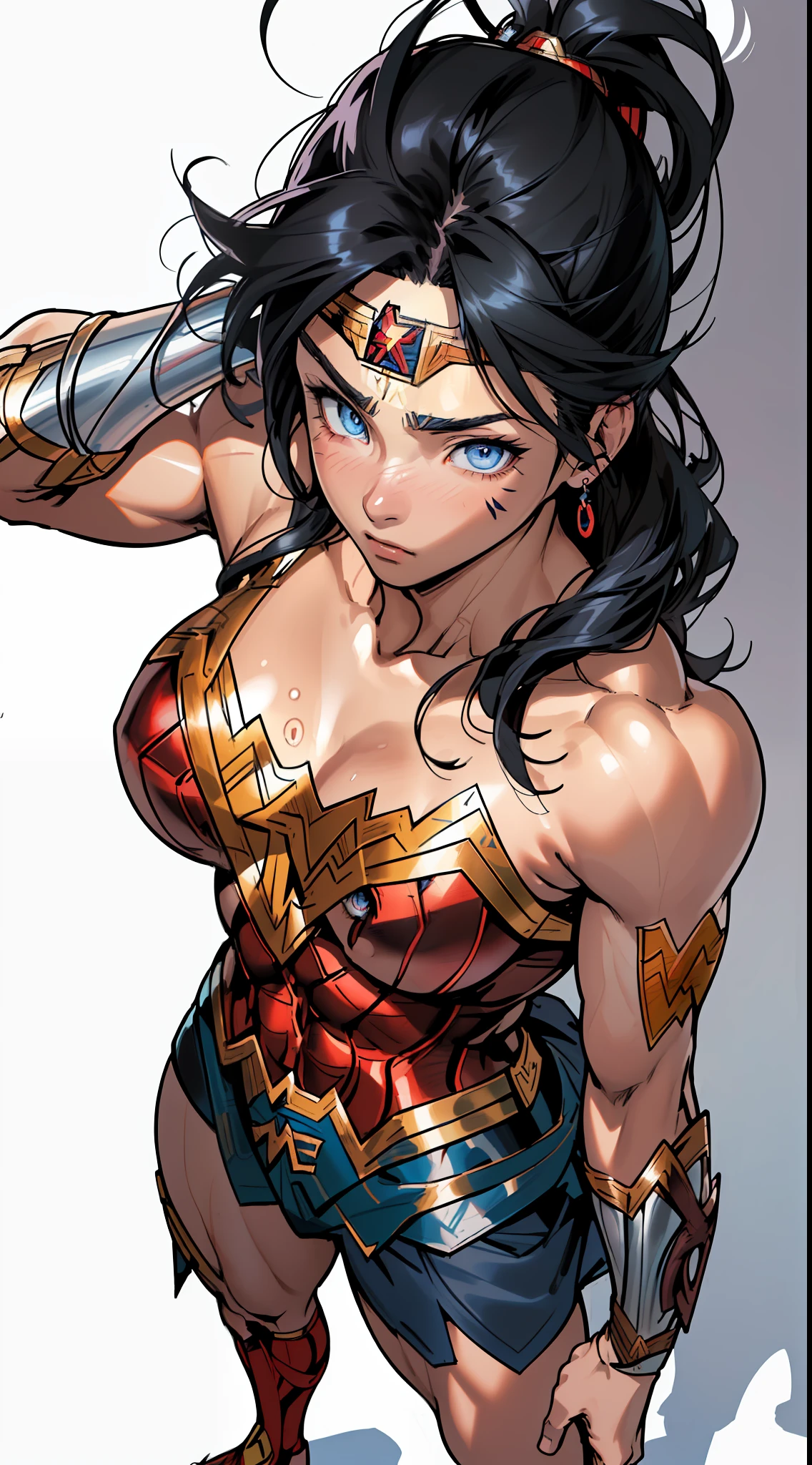 (anime) . (((Female))) ((woman (Wonderwoman))), (((blue eyes + black hair))), in the space,  portrait, full body . (Masterpiece: 1.8), (64k quality), (final fantasy artwork concept), detailed (manga eyes + hair + clothes + body + face + colors + shoulders + eyes (globular + transparent + liquid) + (sharper drawings) + (shiny jewelry) + (clothes folds) + (rounded eyes) + (consistent clothes) + (clothing features) + (eyes line), better (colorful + (coarser line) + (black line) + finishing . [Drawing] (Anime (Manga (Comics))) + (Coarse Line: 1.8) + (Black Line: 1.8) + (Color: 1.8) + (Clean: 1.8) + (Contrast: 1.8) + (Black Outline: 1.8) + (adjusted colors: 1.8) + (shadow set: 1.8) + (manga eyes: 1.8) + ((muscle: 1.8)) + ((bodybuilder: 1.8)), ((made homogeneous: 1.3))