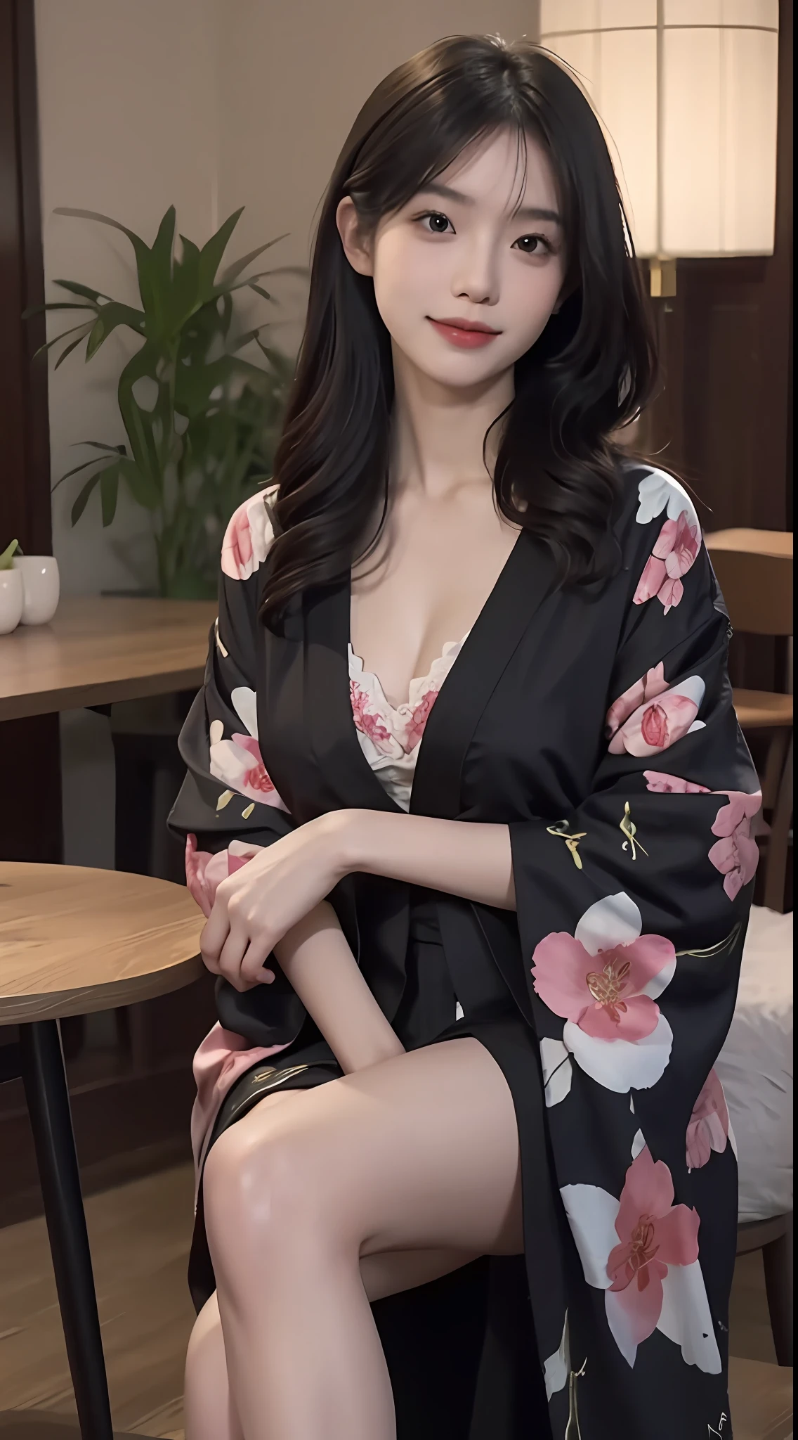 (Photorealsitic:1.4), (Top image quality:1.0), (超A high resolution:1.0), 8K, RAW photography, (tmasterpiece:0.2), (PureErosFace_V1:0.5)、(best quality detail:1.2)、hentail realism、8K, Ultra HD、A high resolution、(1girl in:1.2)、The ultra-detailliert、High quality textures、intricately details、High-quality shadows for details、Detail Beautiful delicate face、Detail Beautiful delicate eyes、depth of fields、Ray traching,1girl in, japanaese girl, Cute, Slender, black kimono, kimono with Japanese pattern,Floral curls, Beautiful skin, facing the front there,Sit down,Align your hands gracefully,Smile lightly, (Realistic:1.3), finely detailed,(Photorealistic:1.2), (Best quality), (Intricate details),  Ray tracing, photographed,