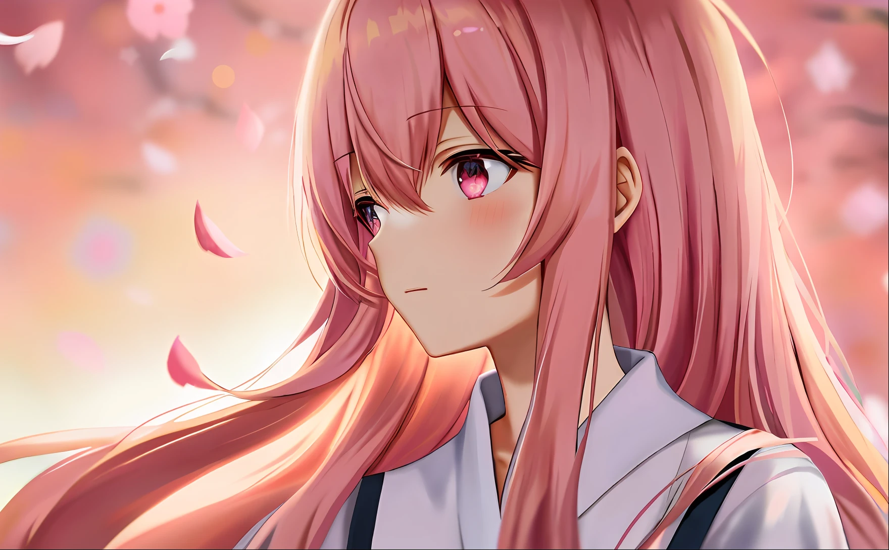 Anime, A girl with long pink hair and a white shirt, Anime. Soft lighting, gapmoe Yandere, Yandere, anime girl profile, (Anime girl), ( ( ( yoshinari yoh ) ) ), sakura petals around her, close up iwakura lain, a beautiful anime portrait, Zerotwo, Anime girl with long hair, Yandere. Tall