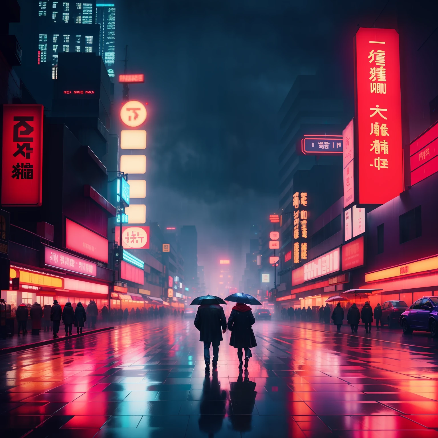 there are two people standing in the rain in the street, red and cinematic lighting, like a scene from blade runner, neo noir style, blade runner vibes, cinematic red lighting, in style of kar wai wong, blade runner aesthetic, neo - noir setting, neo - noir style, blade runner feel, 4 k resolution blade runner, movie still 8 k