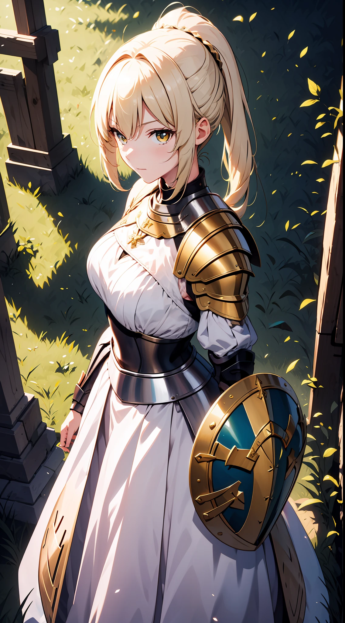 Masterpiece, Best quality, high resolution, Solo, 
1girll, blond hairbl, Yellow eyes, pony tails, Animal ears, Tail, 
Original costume 2, a white long skirt, Armor,  sword, A shield,