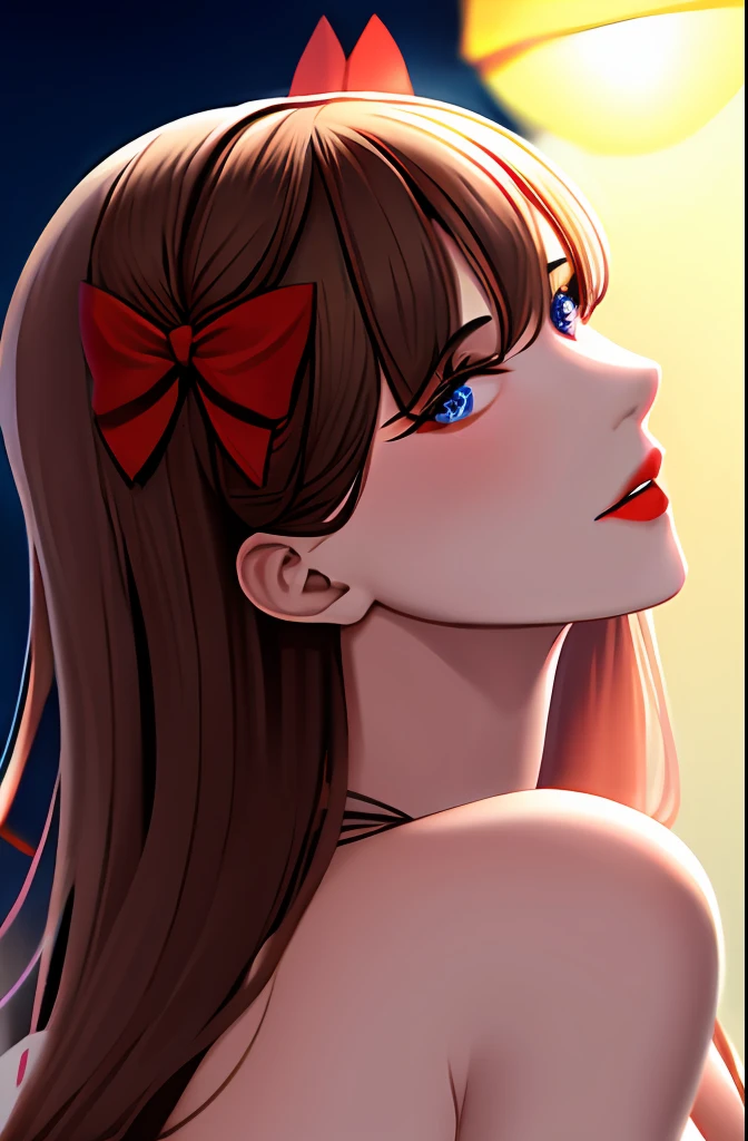 (Extremely delicate and beautiful:1.2),1girl, By bangs, eBlue eyes, bblurry, blur backgroun, Bow knot, brown hair, Keep one's mouth shut, seen from the side, hair between eye, Hair bow, lanterns, light particules, longer sleeves, looking at viewert,mid hair,the night,red bow,独奏,As estrelas\(sigature\),The upper part of the body,ssmile,Redlip,high qulity,Super clear,Face focus