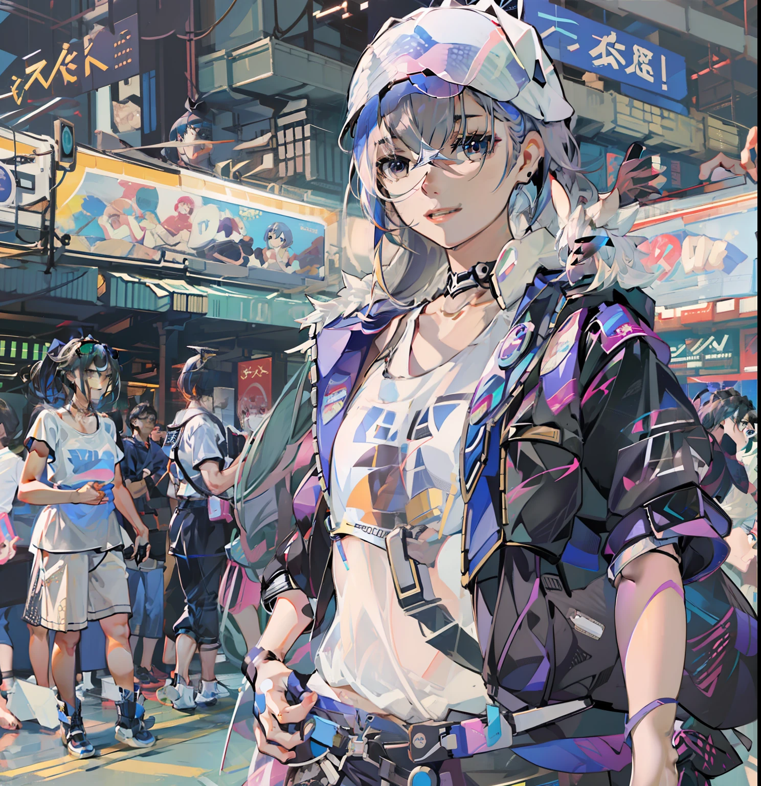 Beautiful woman medium hair、hated、cyberpunked、a short bob、a blond、White Summer Knitted Cap、 odd eye、blue right eye、Green left eye、Blue Leather Vest、Long white T-shirt、White Cargo Pants、Black Engineer Boots、head phone、Holding a pistol in his right hand、Sprint、In front of Shibuya Station、natta、Well-formed fingertips of both hands、Full body like、Colossal tits、A smile、Extend your left hand to us