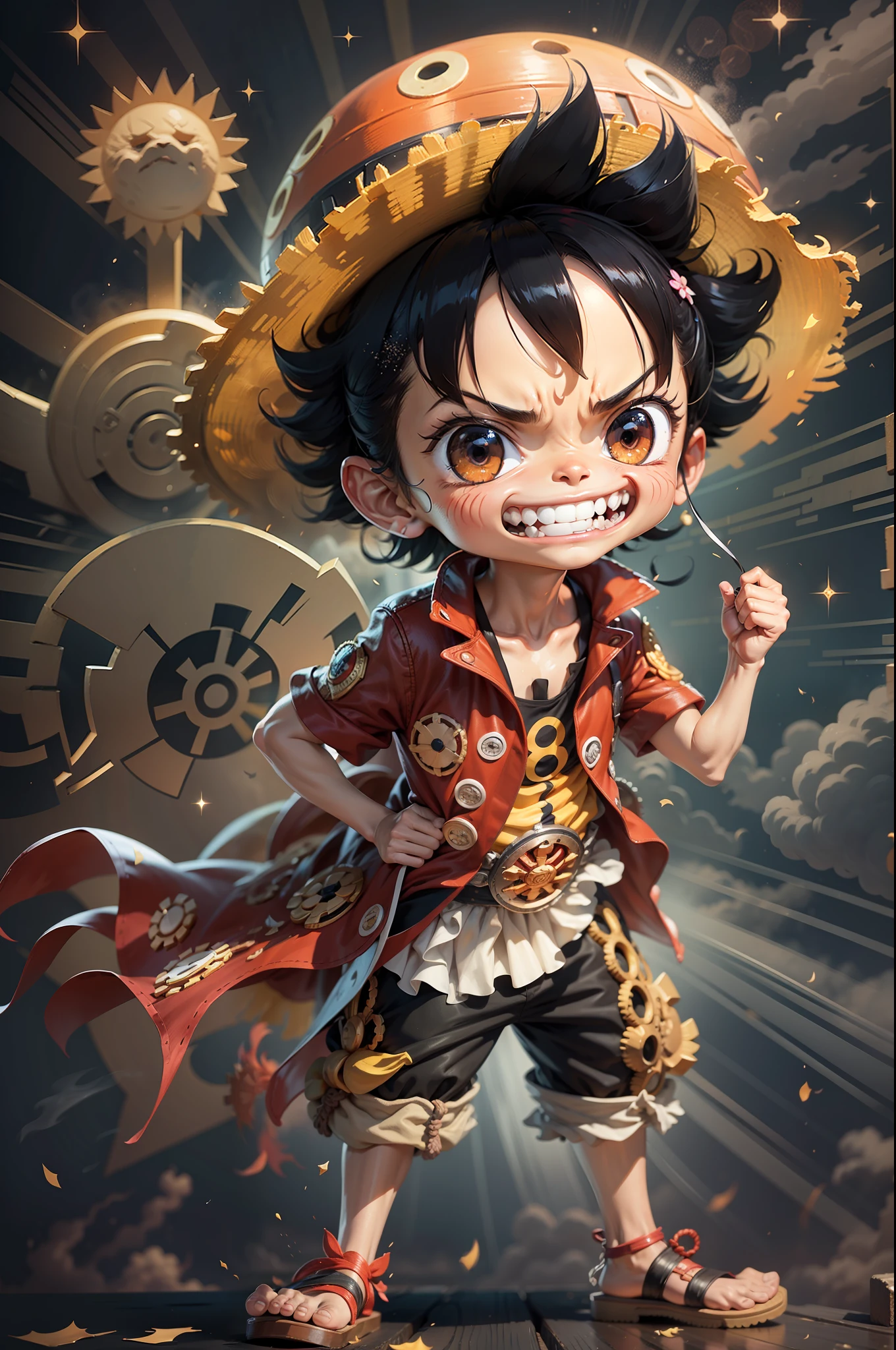 One Piece anime manga style，（Luffy's highest realm is 5 gears），（Sun God Nika Form 2.5），（Joey Boi），Happy，Toothy smile，stand posture，Full body of the lens，Extreme closeup，Background bokeh，depth of fields，powerful，self-assured，invincibility，8k smooth，enviroment，raising smoke，Full of sandstorms flying，超细节的，Exciting，The power of mysterious agnosticism，Soft light， Mood lighting，shinning stars， Black background is the center，High purity shades，Rendering effects，（Dress the same according to the One Piece anime）。