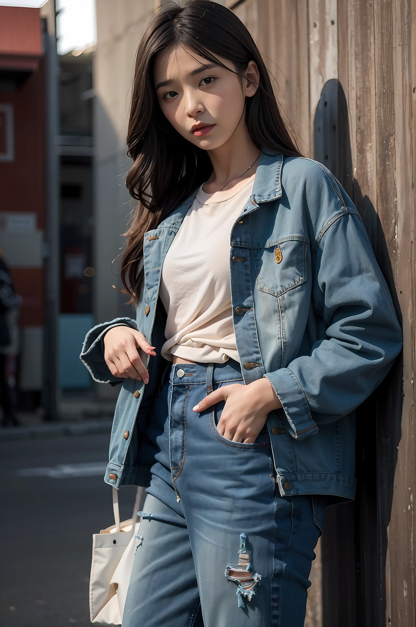 The Araved woman leaned against the wall，Holding a handbag and a purse, wearing casual cloths, wearing a jeans jackets, wearing casual cloths, wearing denim, korean women's fashion model, Wearing a blue jacket, Trendy clothes, wearing blue jacket, casual clothing style, Denim jacket, wearing double denim, Korean girl, Casual clothes, Woman in streetwear, jean jacket