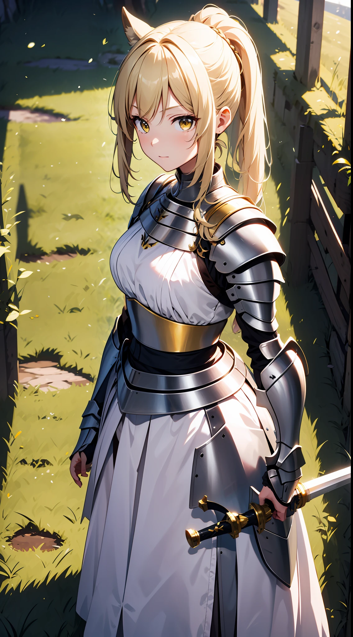 Masterpiece, Best quality, high resolution, Solo, 
1girll, blond hairbl, Yellow eyes, pony tails, Animal ears, Tail, 
Original costume 2, a white long skirt, Armor,  sword, A shield,