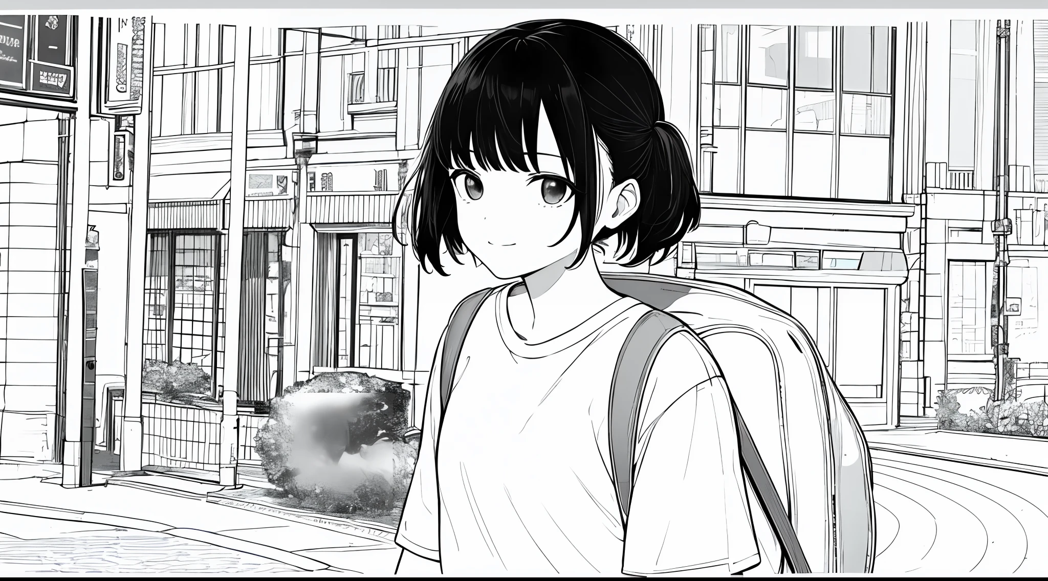 masterpiece, top-quality, 1girl in, tshirts, A slight smil, backpack, A dark-haired, Black eyes, head phone, a street, monochromes, line-drawing、
