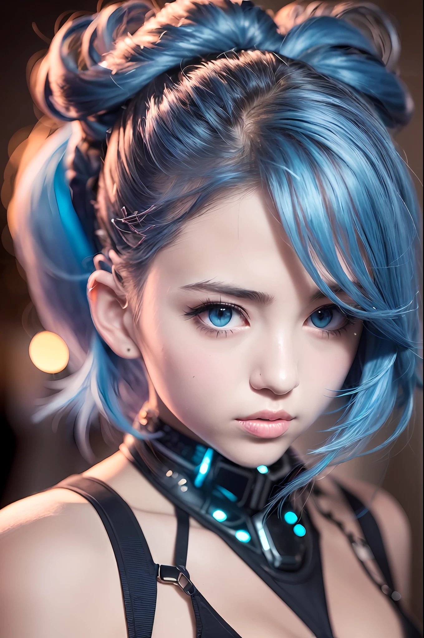 extremely detailed CG,UHD wallpaper, Extreme details,(realistic:1.2),(((best quality))), ((ultra-detailed)), (cute detailed face:1.2), {{highly detailed face}},beautiful and aesthetic,1girl,(masterpiece:1.4),glowing skin,strong rim light,dramatic shadows, intense shadows, SIGMA 35mm F1.4, ISO 200 Shutter Speed 2000,Photorealism,{photorealistic}, photogenic,Illustration, Girl, detailed manga illustration, finely detailed,HIGH RES,Stunning art,{{intricate detail}},(((beautiful detailed lighting))),beautiful detailed colorful eyes, dynamic fuzziness, intricate light, detailed clothes, rouge,full-length photograph,cyberpunk,Cyborg,sci-fi,city,cyberpunk busy city street,airship,fluorescence,
hair up,hair over one eye,iridescent color hair,blue hair, purple eyes,raised eyebrow,school uniform,hair ornament, full body, from back